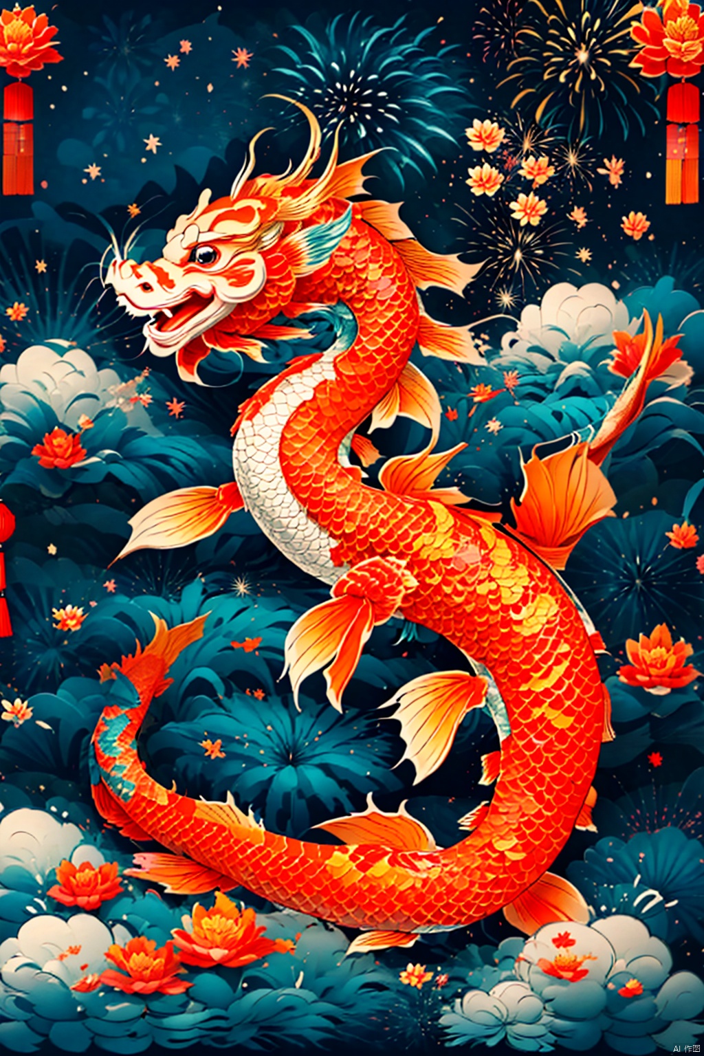  Koi fish surround cute chinese dragon, firework background,Chinese new year decoration（（（masterpiece）））, （（best quality））, , （（Surrealism））（8k）
