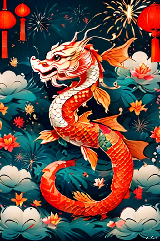 Koi fish surround cute chinese dragon, firework background,Chinese new year decoration（（（masterpiece）））, （（best quality））, , （（Surrealism））（8k）