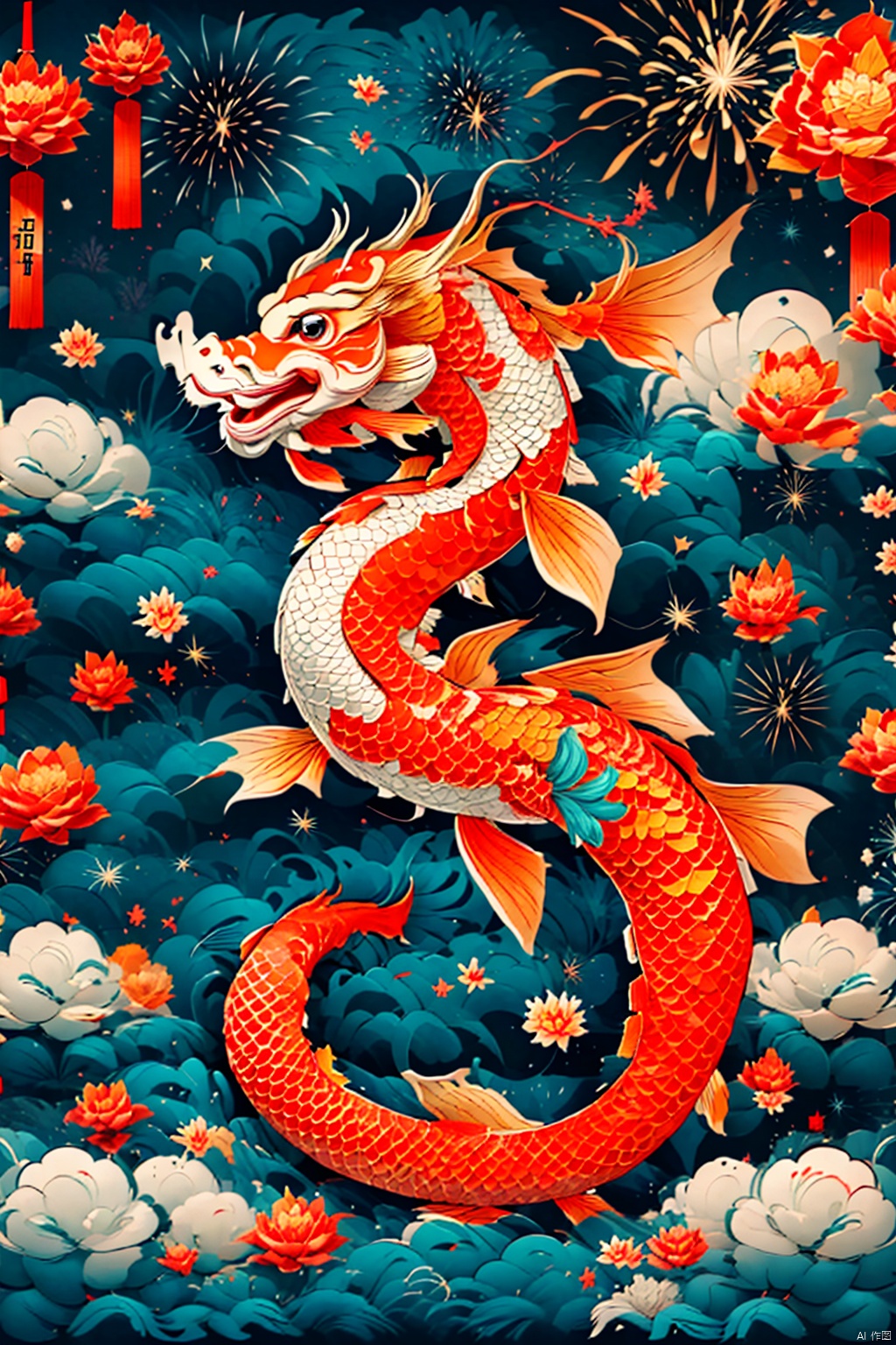  Koi fish surround cute chinese dragon, firework background,Chinese new year decoration（（（masterpiece）））, （（best quality））, , （（Surrealism））（8k）