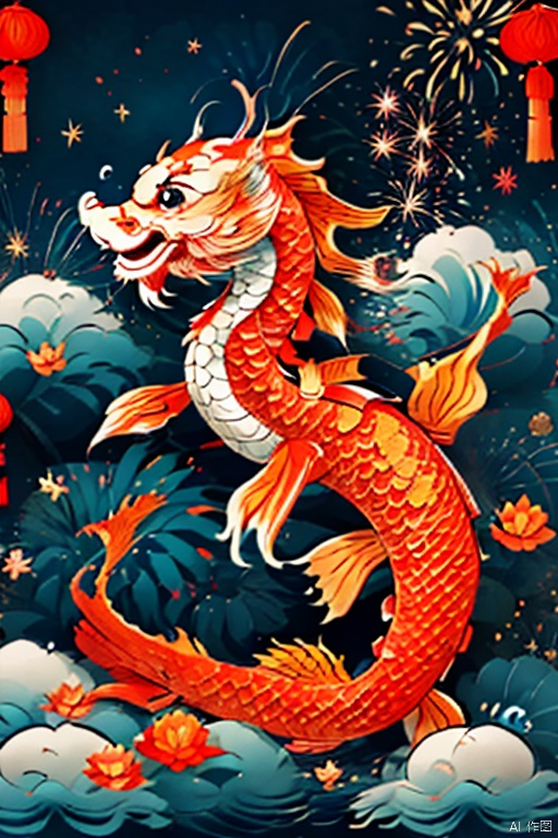 Koi fish surround cute chinese dragon, firework background,Chinese new year decoration（（（masterpiece）））, （（best quality））, , （（Surrealism））（8k）
