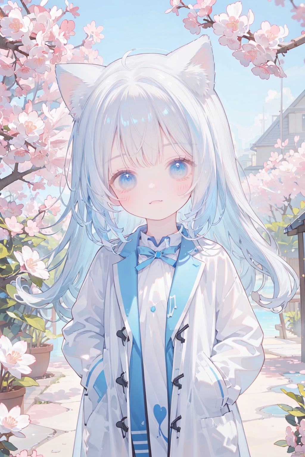 ((nsfw:1.2)),upper shot,(brench open coat only:1.1),see-through-brench-coat,(transparent clothes),(naked:1.2),(put both hands into pockets:1.2),best-quality,blue eyes,(surrounding blue-sakura:1.1),(falling blue-sakuras),1little child,smirk,(child:1.2),petite,cuteloli,cat ears,white hair , long hair,(blue inner hair)
, none