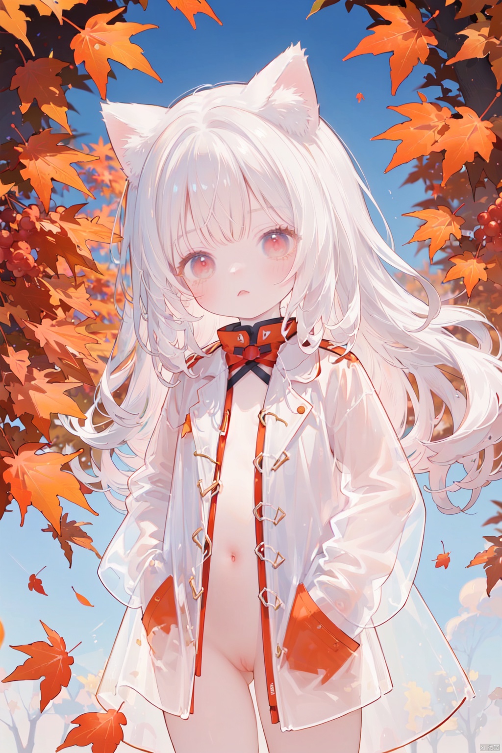 ((nsfw)),upper shot,(coat only:1.1),see-through-coat,(transparent clothes),(naked:1.2),(put both hands into pockets:1.2),best-quality,red eyes,surrounding orange Maples:1.1),(falling maple leaves),1little child,(child:1.2),petite,cuteloli,cat ears,white hair , long hair,(red inner hair)
