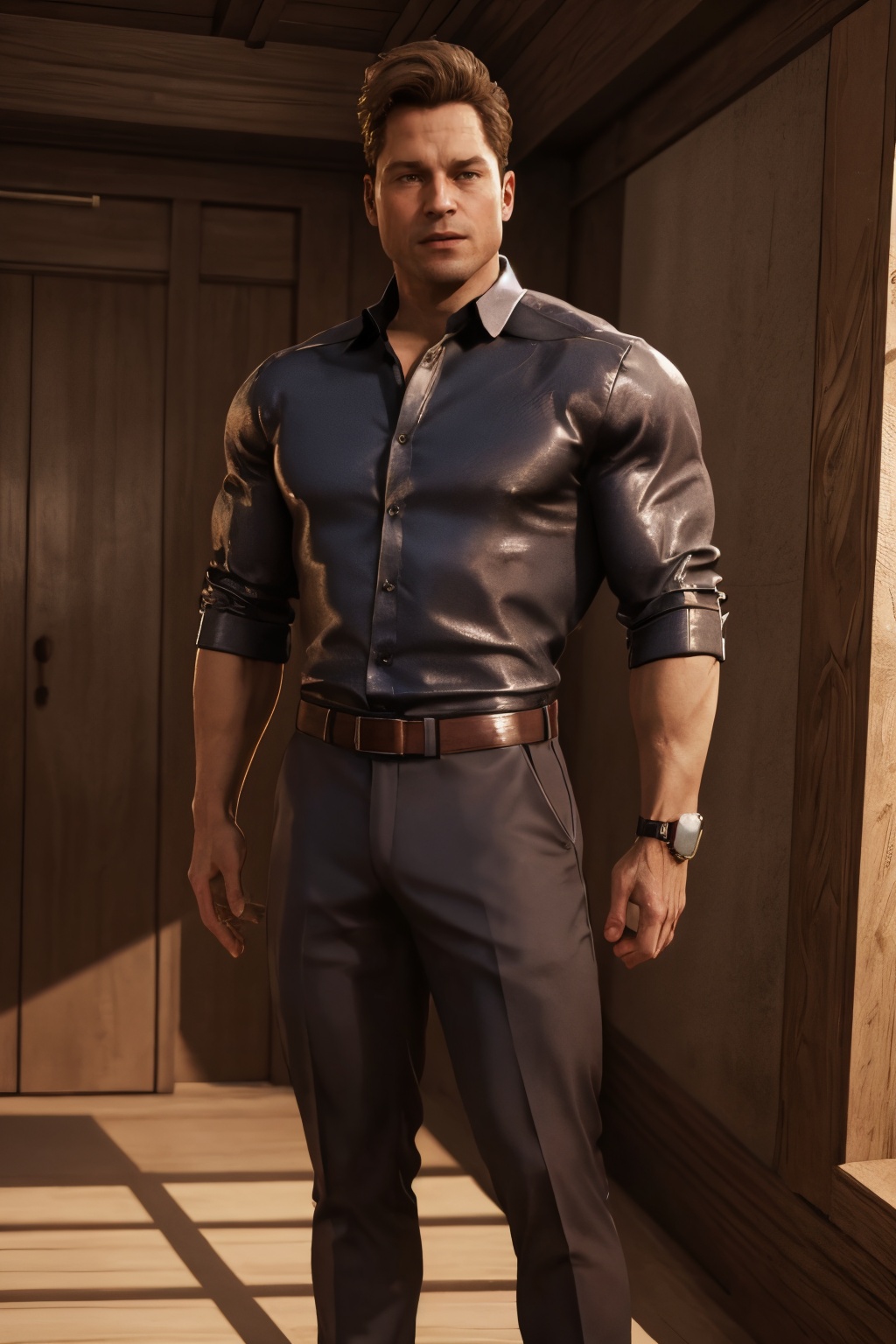 full body image of Johnny Cage,  1man,  collared shirt on Tensor.Art