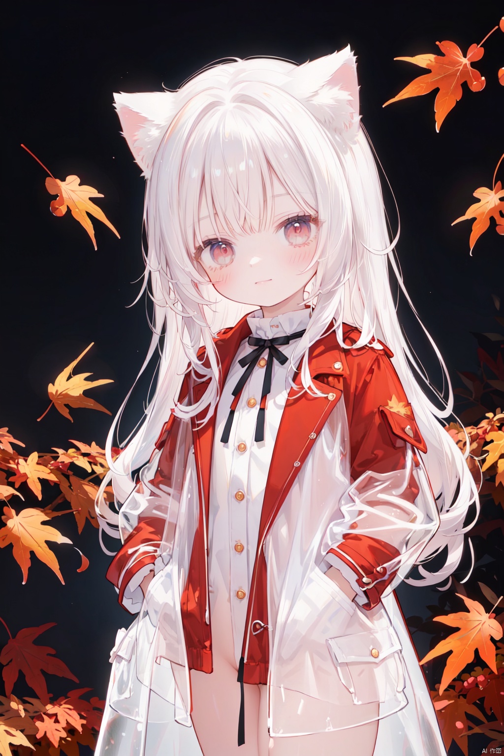 ((nsfw)),upper shot,(brench open coat only:1.1),see-through-brench-coat,(transparent clothes),(naked:1.2),(put both hands into pockets:1.2),best-quality,red eyes,surrounding orange Maples:1.1),(falling maple leaves),1little child,smirk,(child:1.2),petite,cuteloli,cat ears,white hair , long hair,(red inner hair)
, none