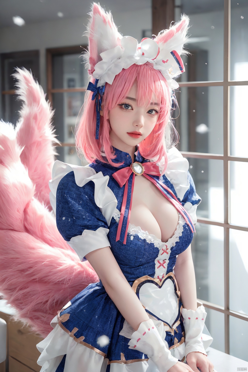  1girl,,,,,white stockings,,standing,,,from front,,,(upper body:1.4),,,,,,,,ray tracing,{best quality}, {{masterpiece}}, {highres}, original, extremely detailed 8K wallpaper, {an extremely delicate and beautiful},,incredibly_absurdres,colorful,intricate detail,,,,,,(detail finger),,,,,,,,snowflakes,falling_snow,snowing,l,,,,,,,,,,,,,,,,,,Furry fox ears,Furry fox tail,pink hair,,,, (cleavage), , , a girl,dress,