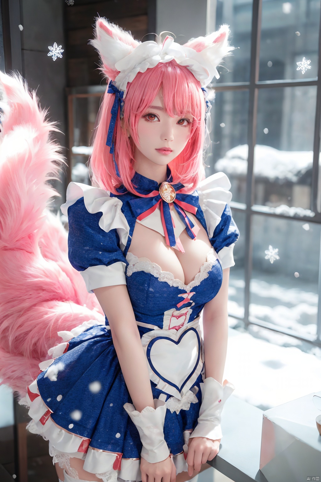  1girl,,,,,white stockings,,standing,,,from front,,,(upper body:1.4),,,,,,,,ray tracing,{best quality}, {{masterpiece}}, {highres}, original, extremely detailed 8K wallpaper, {an extremely delicate and beautiful},,incredibly_absurdres,colorful,intricate detail,,,,,,(detail finger),,,,,,,,snowflakes,falling_snow,snowing,l,,,,,,,,,,,,,,,,,,Furry fox ears,Furry fox tail,pink hair,,,, (cleavage), , , a girl,dress,