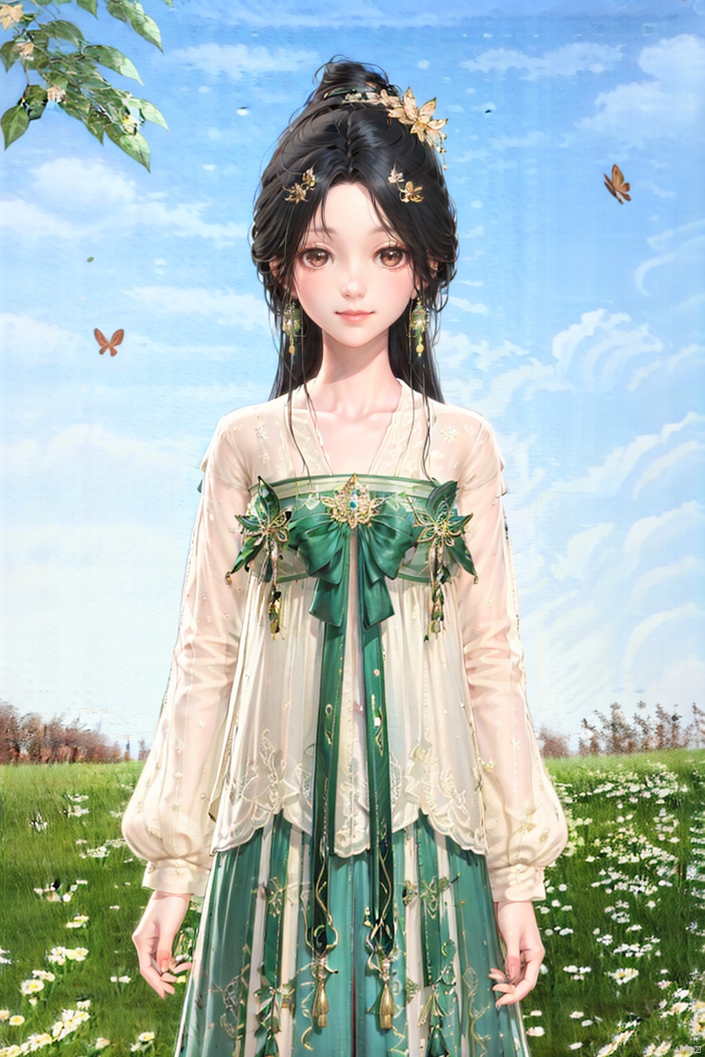 1girl, solo, long hair, looking at viewer, smile, black hair, hair ornament, long sleeves, dress, brown eyes, jewelry, flower, earrings, outdoors, sky, day, cloud, blue sky, chinese clothes, grass, bug, butterfly, 1girl