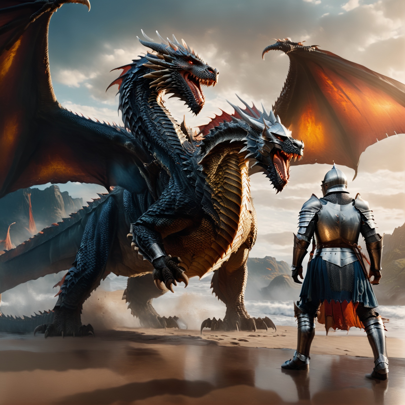 (((full_body portrait shot))), Photo of a knight and dragon, Hyper-detailled, 32k, Super High definition, Vibrant Colors, Soft focus, Ultra Smooth,Soft natural look, Full shot, photorealistic, realism, film still, cinematic shot, dreamwave, aesthetic, action_pose,Movie Still,photo r3al,knight&dragon