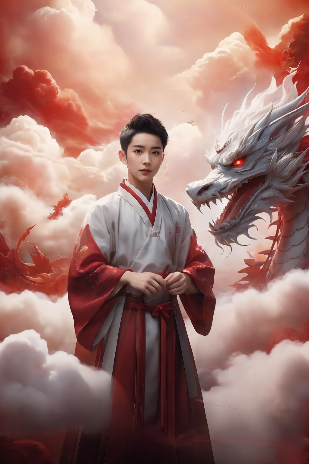 1boy,  wear red hanfu,  red dragon on Tensor.Art