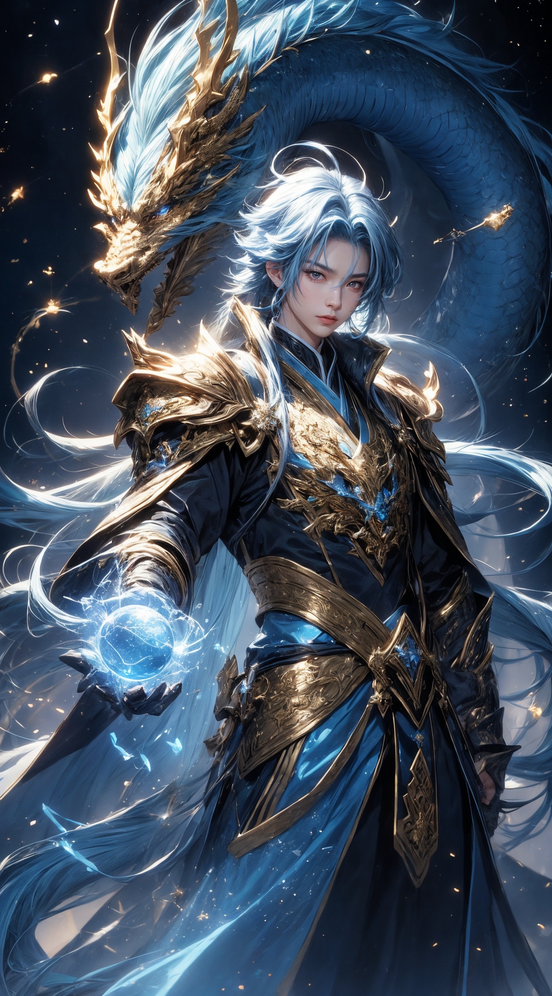 1boy,  Emperor,  long blue hair on Tensor.Art