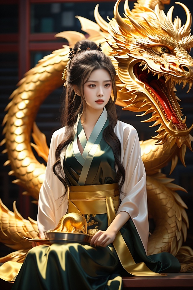 A 20-year-old Chinese beauty wearing a gorgeous Hanfu,  red tin foil,  and gold stands in front of a golden dragon. The dr...
