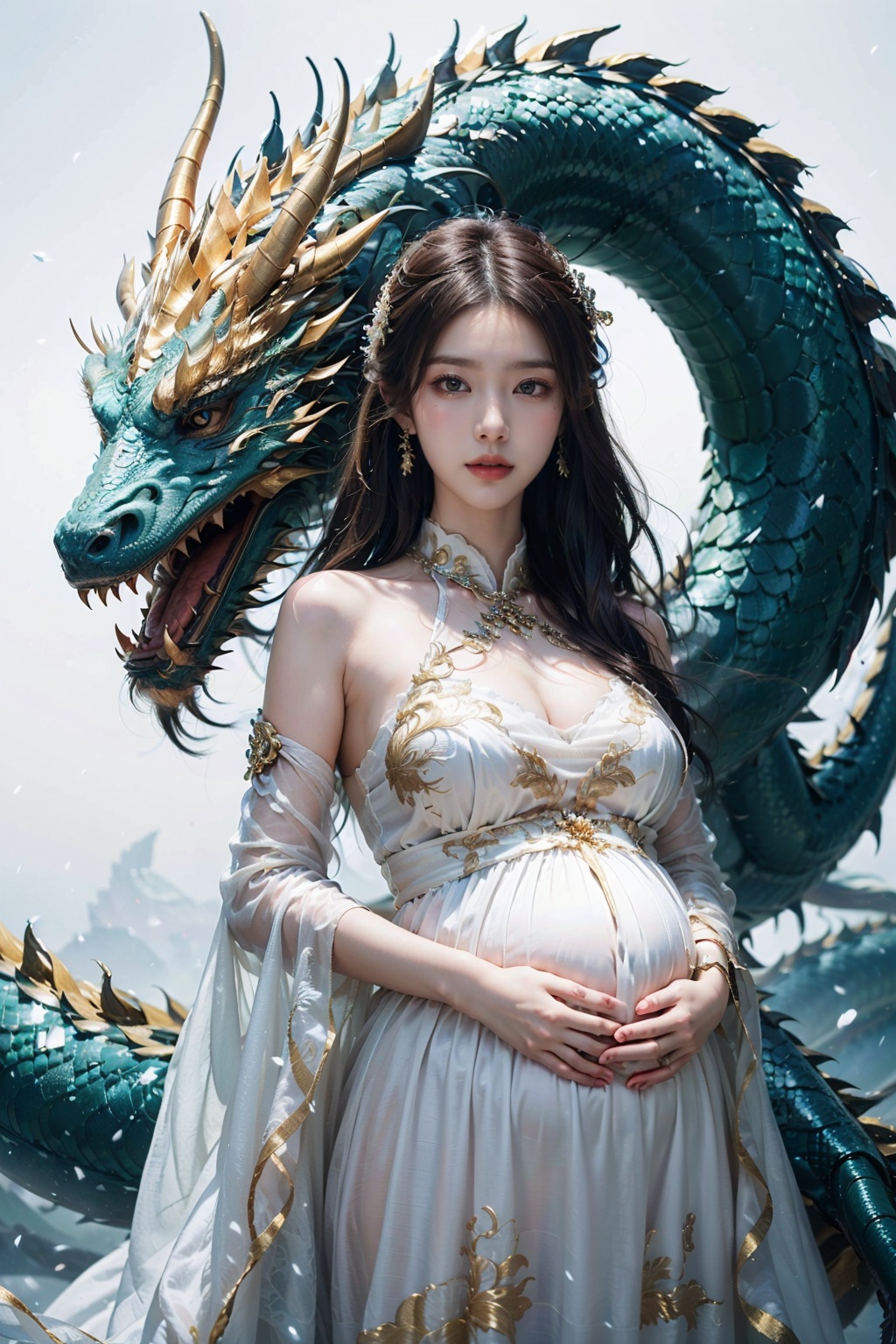 1 pregnant woman with white dress,  white auspicious dragon,  wear white dress on Tensor.Art