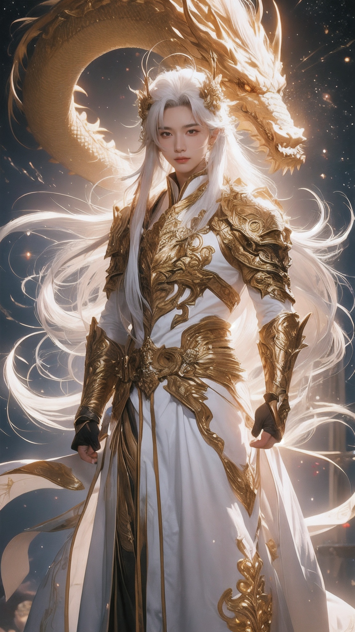 1boy,  Emperor,  long white hair on Tensor.Art