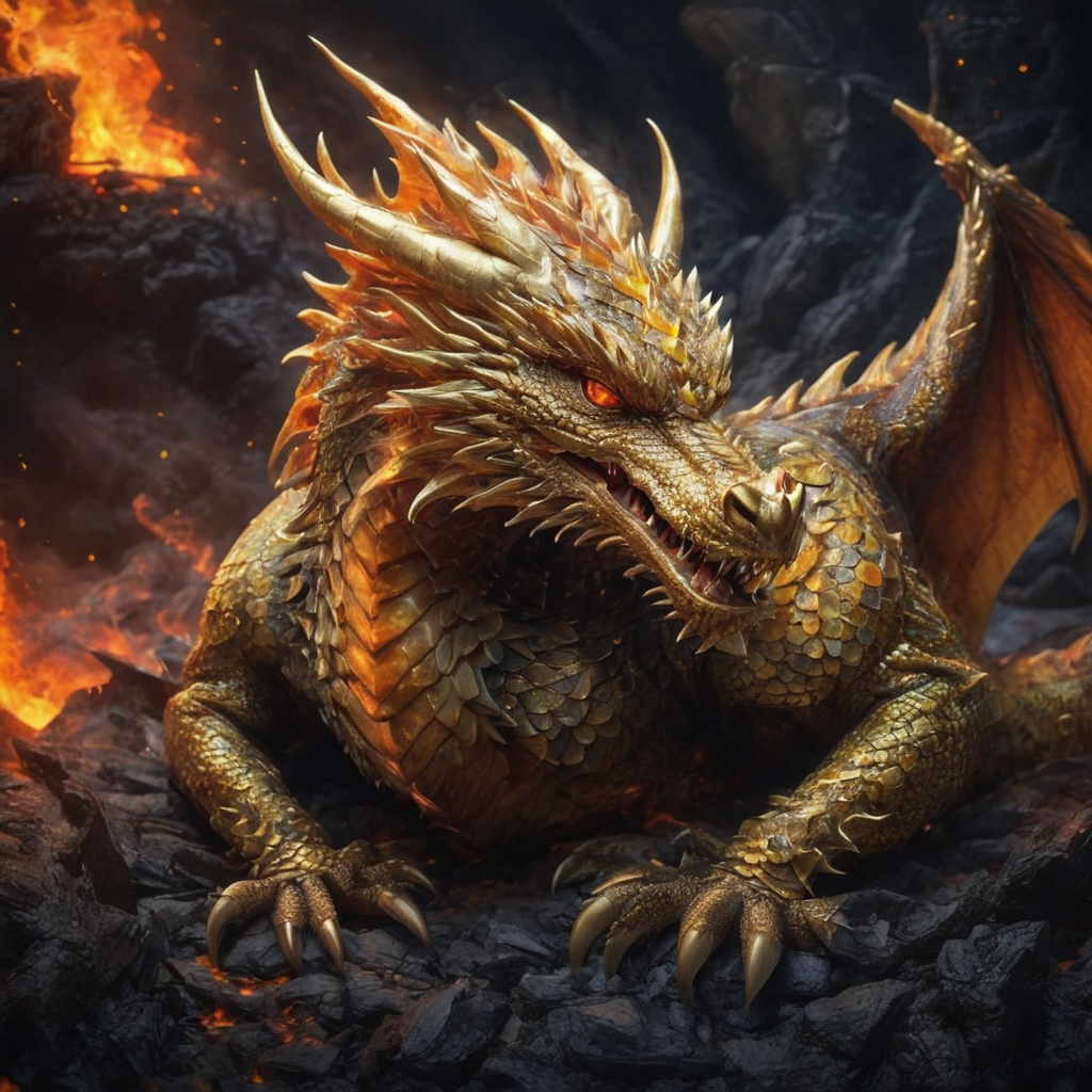 Generate hyper realistic image of the Snoozing Inferno Whelp,  a baby dragon napping in the warmth of a tiny inferno. Its...