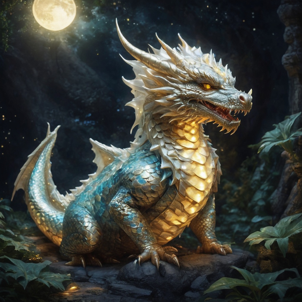 Generate hyper realistic image of the Chubby Moonbeam Serpentlet,  a baby dragon basking in the soft glow of moonbeams. It...