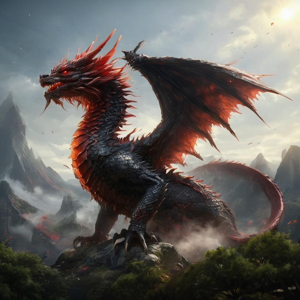 Generate hyper realistic image of the Sa dragon with black wings and red eyes roaming through sky. Its dark red scales and...
