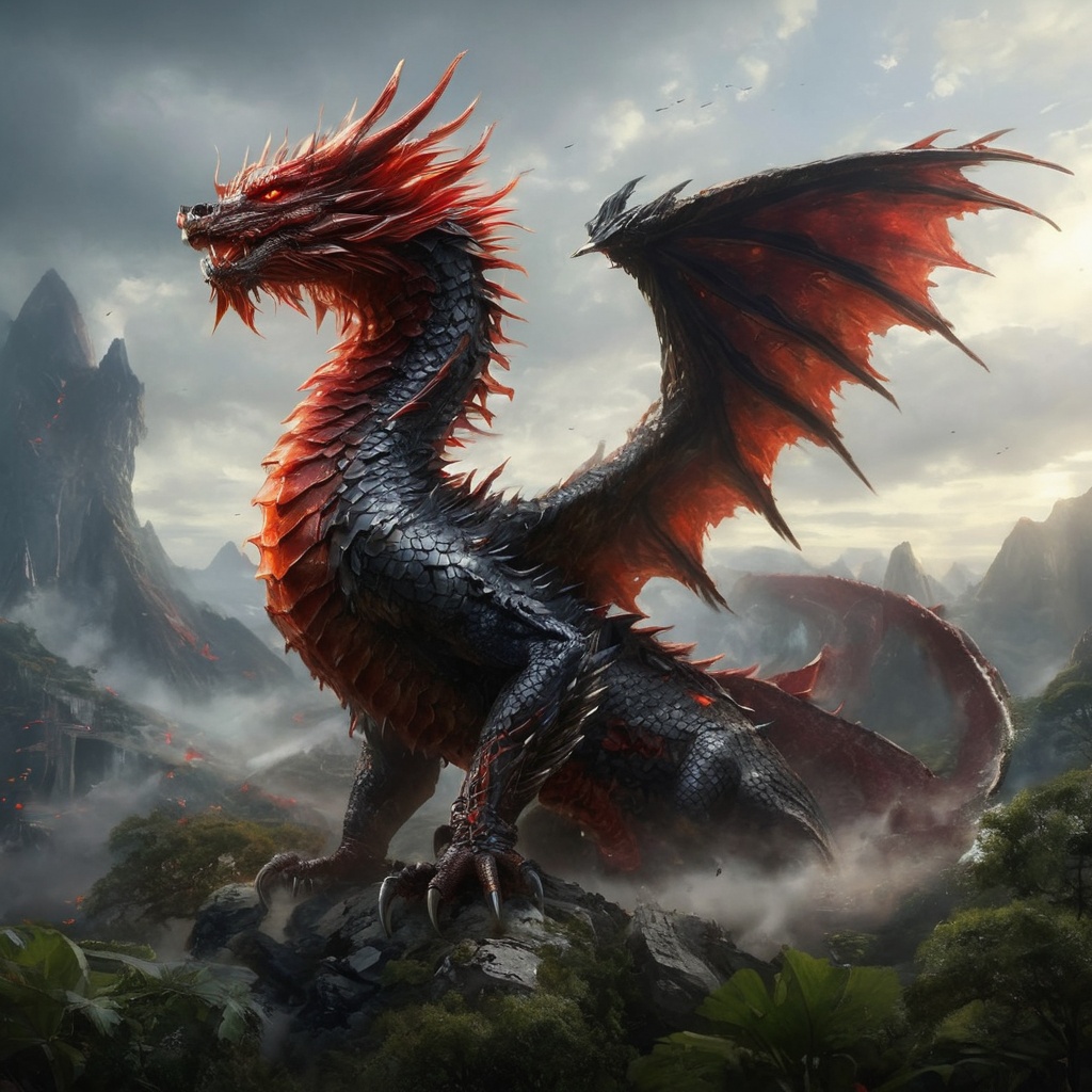 Generate hyper realistic image of the Sa dragon with black wings and red eyes roaming through sky. Its dark red scales and...