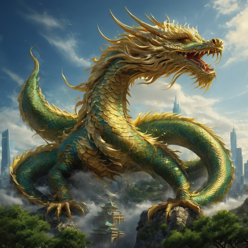 Generate hyper realistic image of the majestic chinese dragon roaming through blue sky. Its golden and green scales flying...