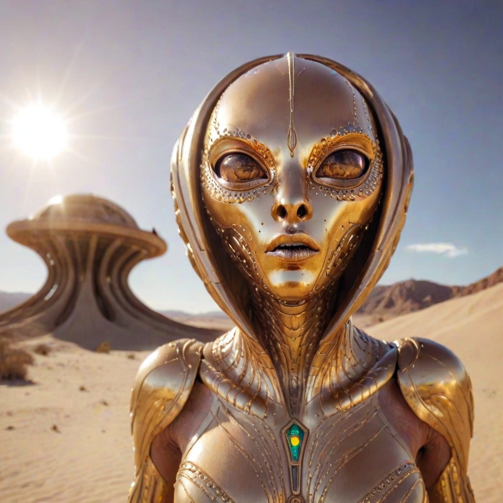 alien creature in desert art hd,  in the style of futuristic glamour,  dark beige and gold on Tensor.Art