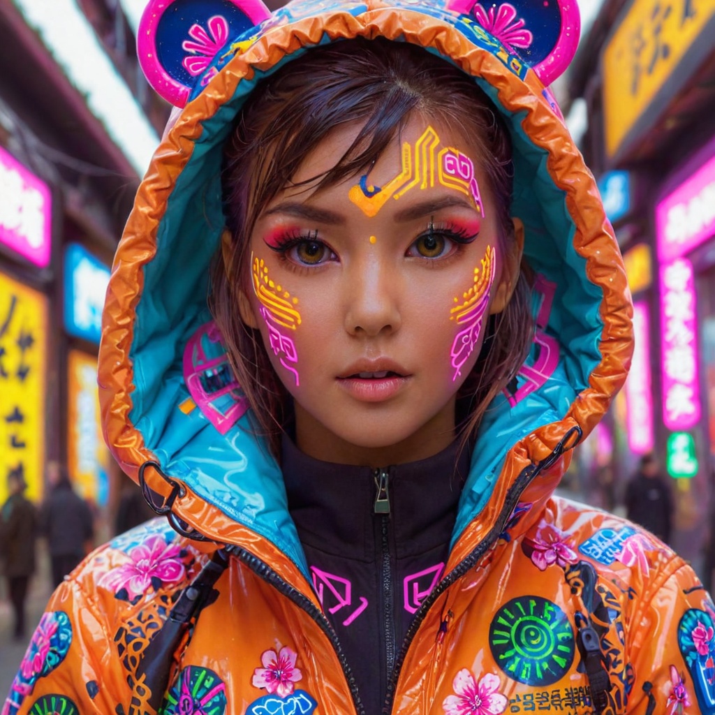 kawaii style {style Detailed body painting beautiful neon operator tanned woman,  cyberpunk futuristic neon,  reflective p...