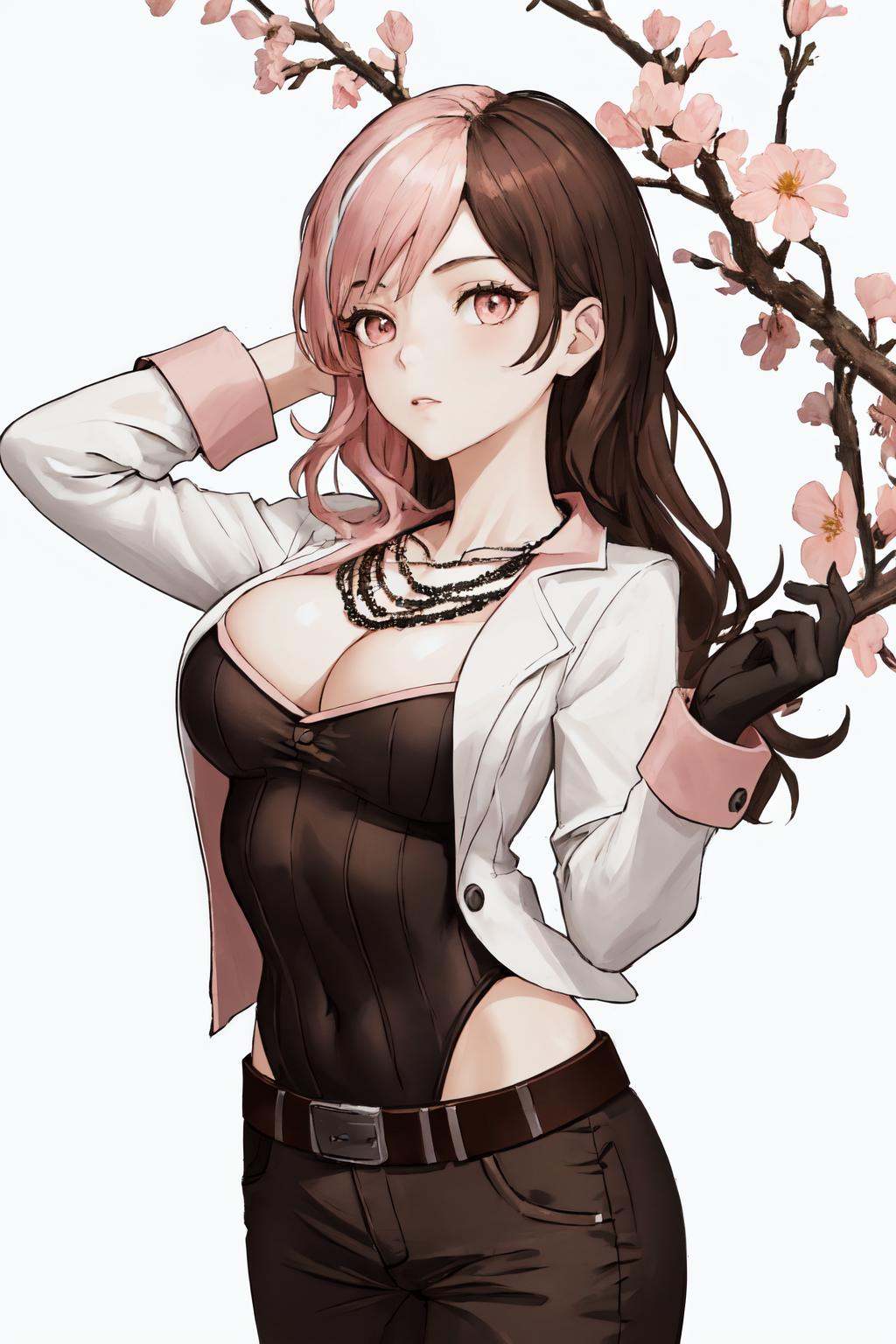 masterpiece, (detailed, highres, best quality), 1girl,  <lora:sprwbyNeopolitan-27:1> neopolitandef, necklace, cleavage, white jacket, leotard, black gloves, black pants, belt, flower, from above, pink flower, portrait, simple background, white background, Long shot, hands up, looking at viewer, sideways glance, solo