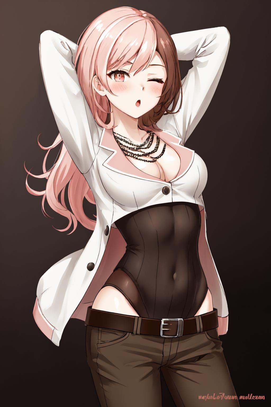 masterpiece, (detailed, highres, best quality), 1girl,  <lora:sprwbyNeopolitan-27:1> neopolitandef, necklace, cleavage, white jacket, leotard, black gloves, black pants, belt, artist name, watermark, From bellow, ;o, arms at sides, blush, looking at viewer, one eye closed, side braid, solo