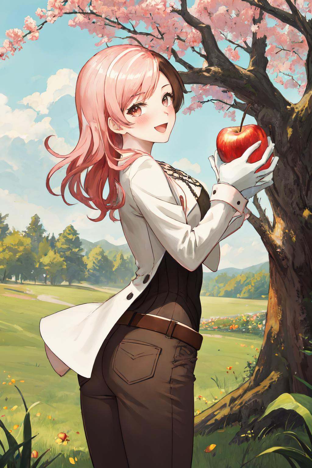 masterpiece, (detailed, highres, best quality), 1girl,  <lora:sprwbyNeopolitan-27:1> neopolitandef, necklace, white jacket, leotard, black gloves, black pants, belt, apple, apple tree, basket, food, fruit, grass, green theme, leaf, outdoors, tree, wide shot, Three-Quarters Rear View, :d, blush, hands up, head tilt, looking at viewer, smile, solo