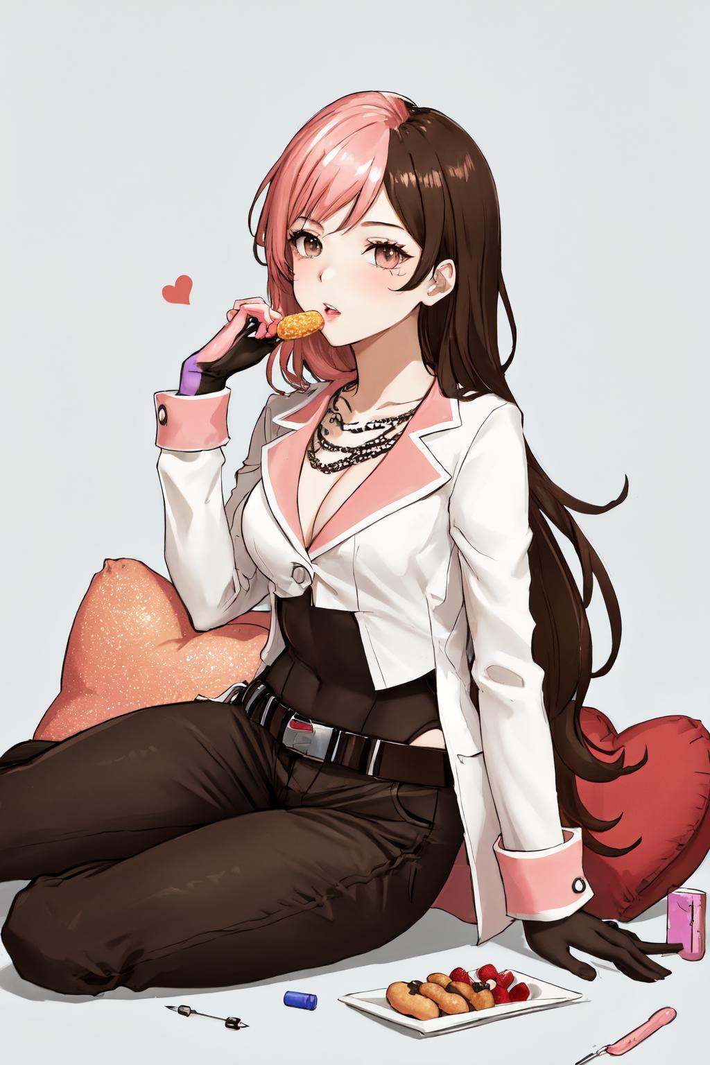 masterpiece, (detailed, highres, best quality), 1girl,  <lora:sprwbyNeopolitan-27:1> neopolitandef, necklace, white jacket, leotard, black gloves, black pants, belt, argyle, candy, clock, cup, dotted line, doughnut, envelope, fish skeleton, food, fork, fruit, full body, grey background, heart, heart pillow, ice cream, key, lollipop, pill, pillow, saucer, simple background, spoon, star (symbol), strawberry, swirl lollipop, syringe, teacup, hands on own cheeks, hands on own face, parted lips, solo