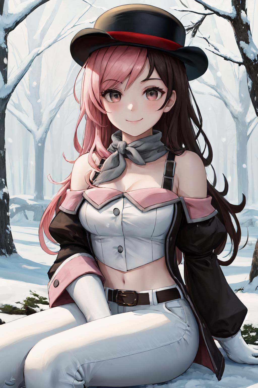 masterpiece, (detailed, highres, best quality), 1girl,  <lora:sprwbyNeopolitan-27:1> neopolitanatlas, bowler hat, grey scarf, white gloves, white shirt, off-shoulder shirt, black sleeves, midriff, white belt, white pants, artist name, forest, gun, nature, snow, snowing, Back View, between legs, closed mouth, hand between legs, looking at viewer, looking to the side, sitting, smile, solo