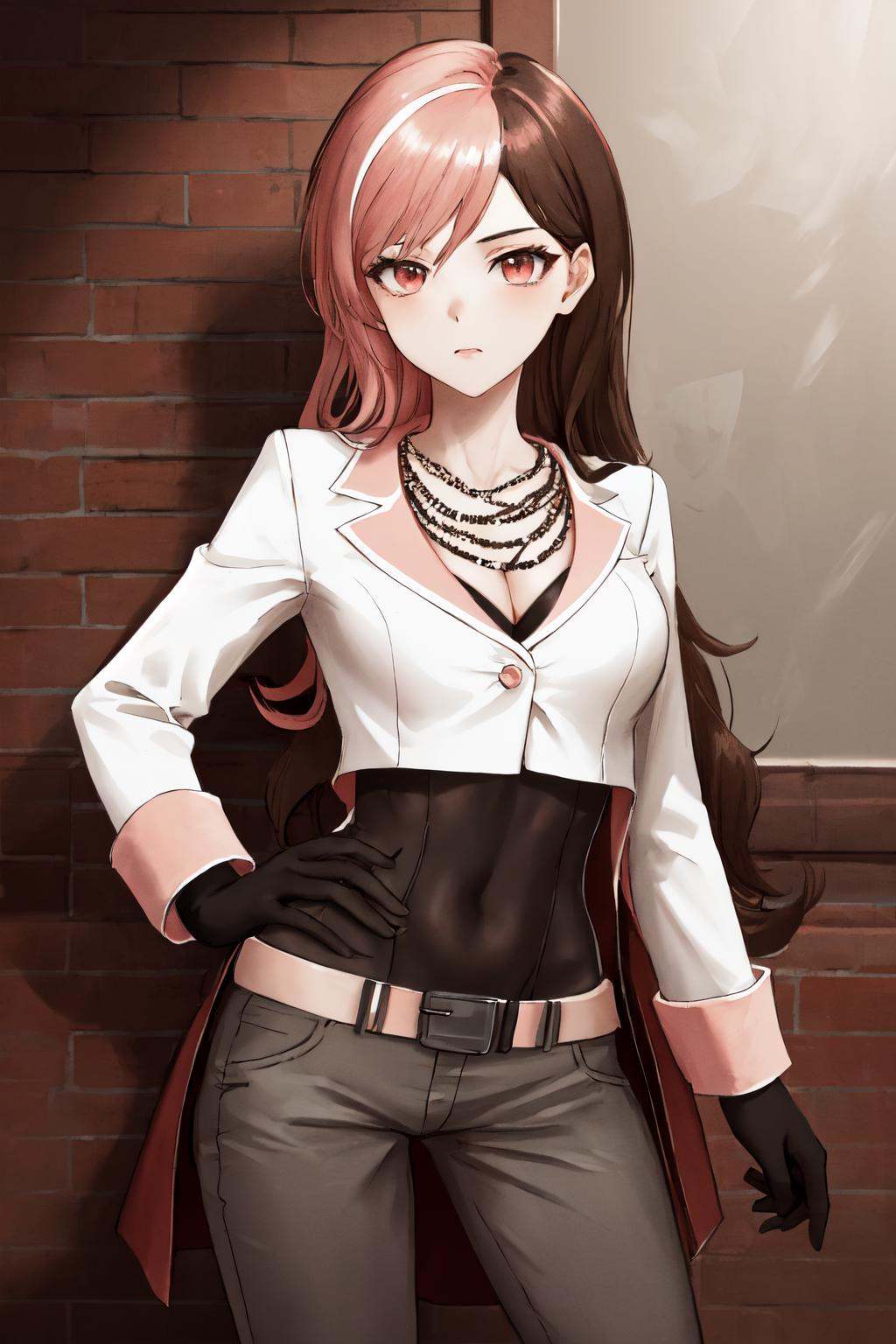 masterpiece, (detailed, highres, best quality), 1girl,  <lora:sprwbyNeopolitan-27:1> neopolitandef, necklace, white jacket, leotard, black gloves, black pants, belt