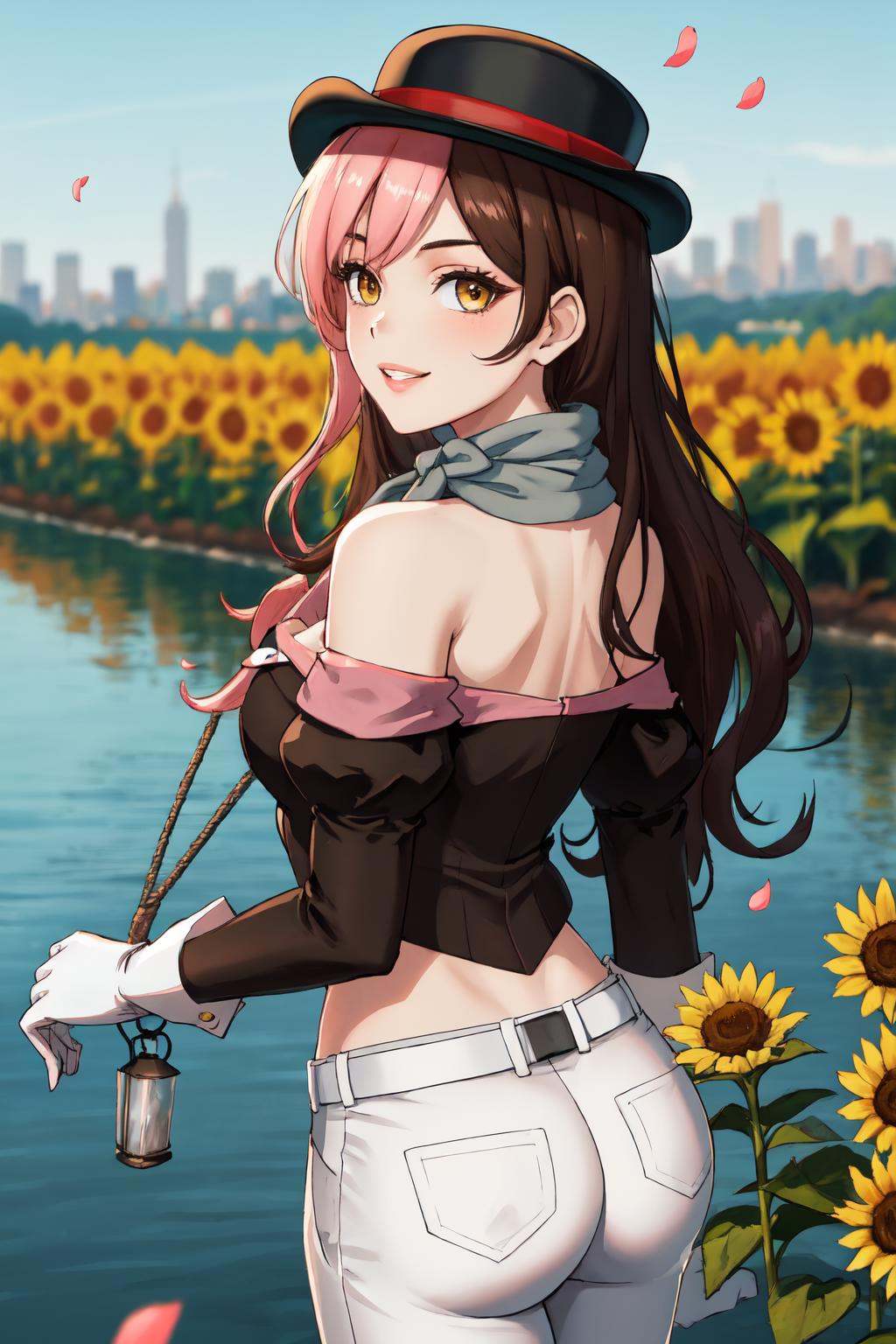 masterpiece, (detailed, highres, best quality), 1girl,  <lora:sprwbyNeopolitan-27:1> neopolitanatlas, bowler hat, grey scarf, white gloves, white shirt, off-shoulder shirt, black sleeves, midriff, white belt, white pants, blurry, blurry background, flower, lake, petals, signature, skyline, sunflower, water, yellow flower, Back View, holding, holding lantern, looking at viewer, parted lips, smile, solo