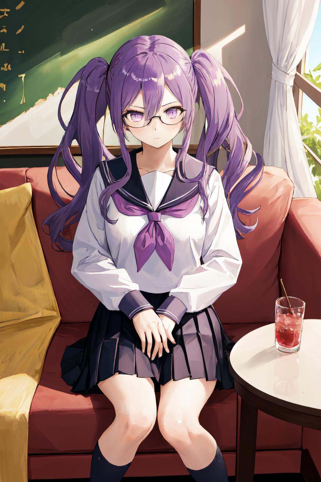 masterpiece, (detailed, highres, best quality), 1girl, <lora:spfgoSokaris:1> sokarisdef, purple hair, purple eyes, twintails, glasses, black skirt, long sleeves, neckerchief, pleated skirt, school uniform, serafuku, skirt, white neckerchief, cat pillow, chair, couch, feet out of frame, indoors, signature, table