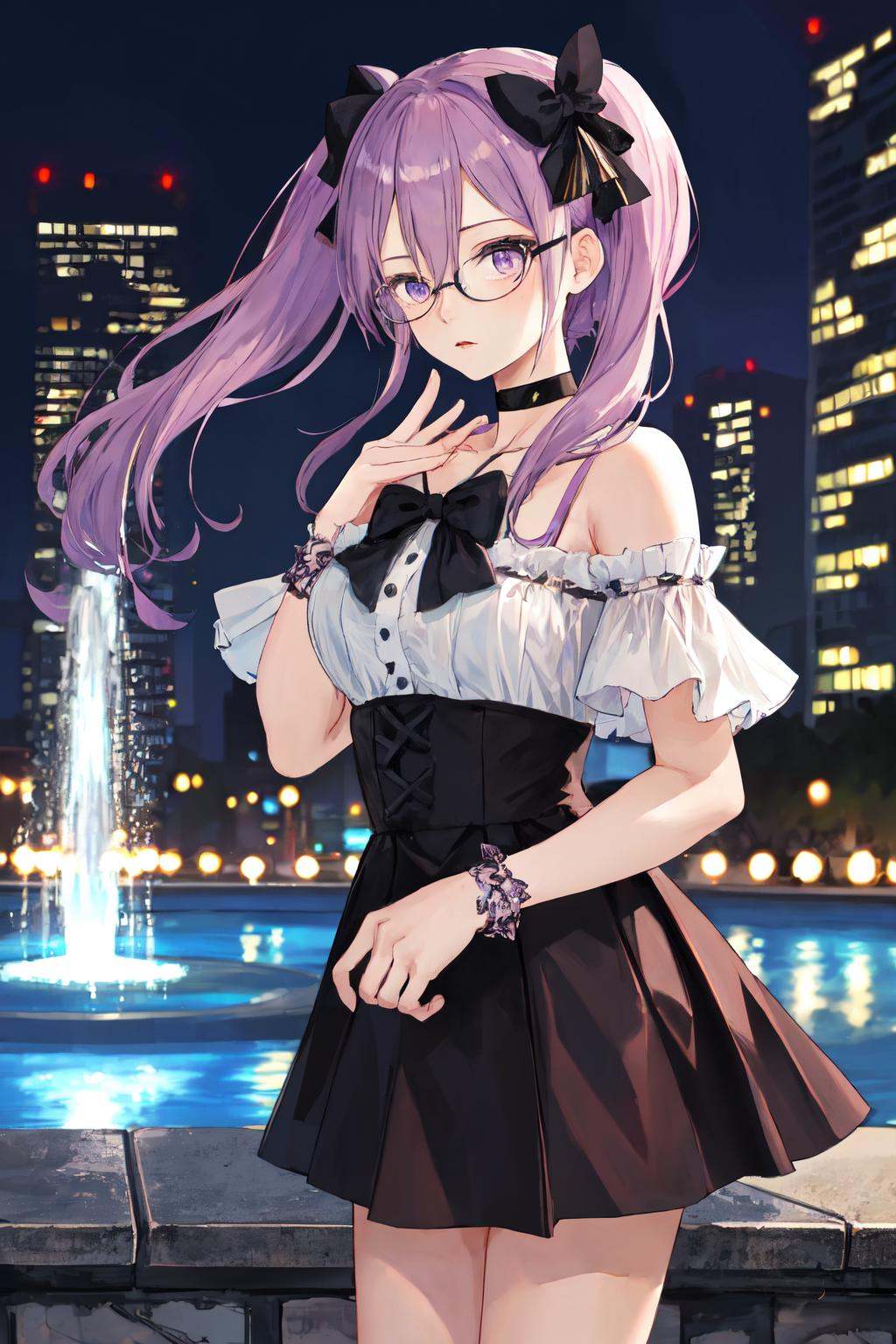 masterpiece, (detailed, highres, best quality), 1girl, <lora:spfgoSokaris:1> sokarisdef, glasses, black choker, bow, choker, glasses, hair ornament, purple bow, blurry, blurry background, breath, building, cowboy shot, depth of field, fountain, night, outdoors, skyscraper, water