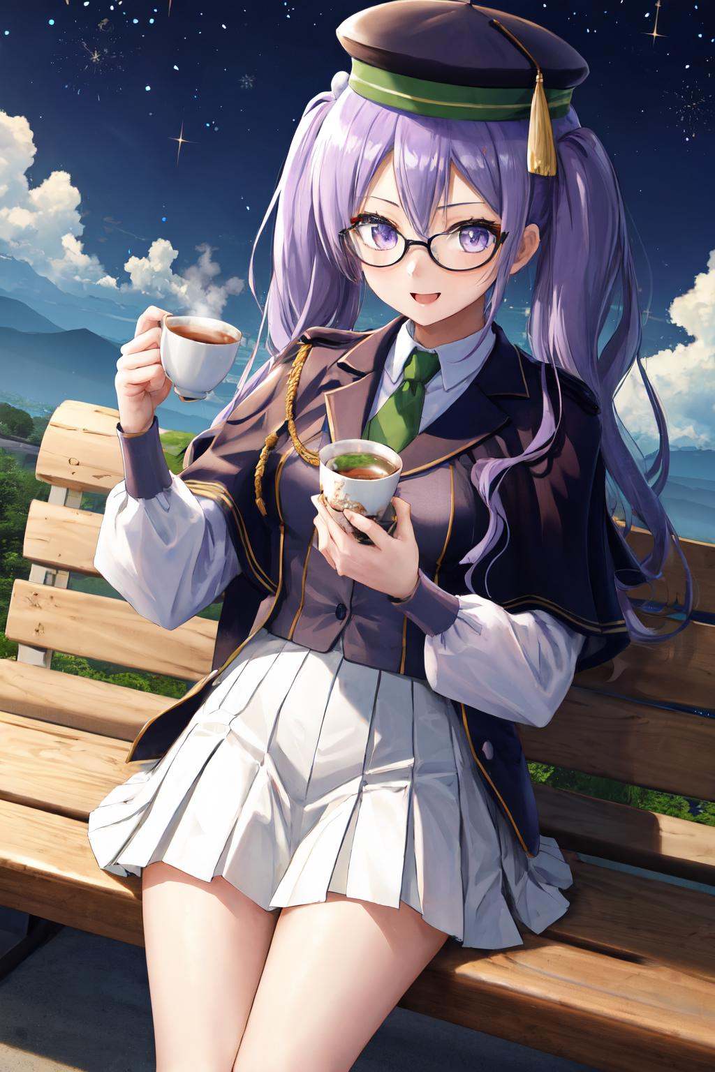 masterpiece, (detailed, highres, best quality), 1girl, <lora:spfgoSokaris:1> sokarisdef, glasses, hat, white shirt, green necktie, jacket, capelet, long sleeves, white skirt, 2017, bench, cup, food, green tea, happy new year, mochi, mochi trail, new year, saucer, star (symbol), steam, tea, wagashi, yunomi, From bellow