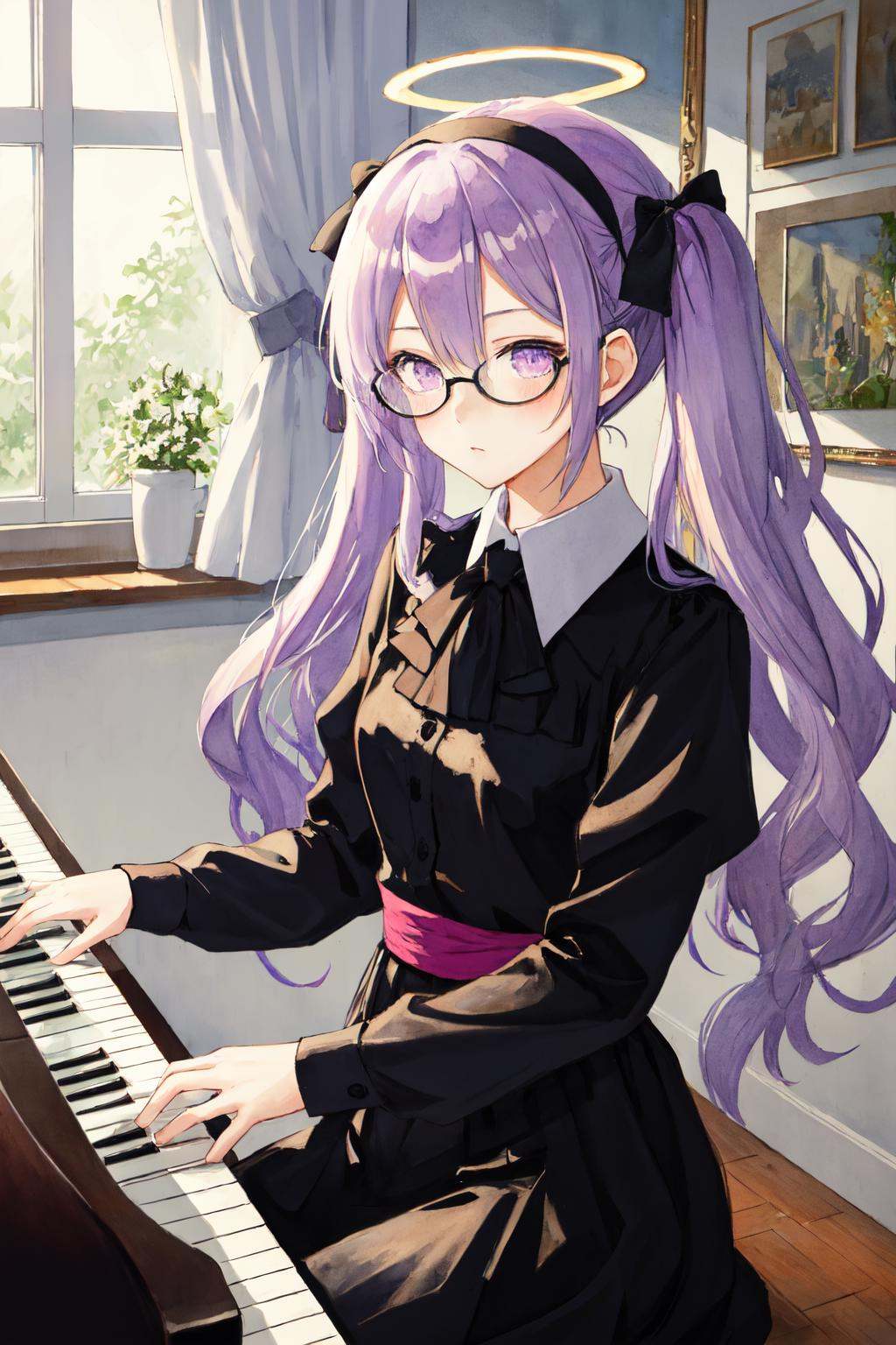 masterpiece, (detailed, highres, best quality), 1girl, <lora:spfgoSokaris:1> sokarisdef, purple hair, purple eyes, twintails, glasses, black dress, black ribbon, collared shirt, dress, hairband, light blush, long sleeves, pantyhose, ribbon, sash, shirt, white hairband, white shirt, colored pencil (medium), grand piano, halo, indoors, instrument, painting (medium), piano, traditional media, watercolor (medium)
