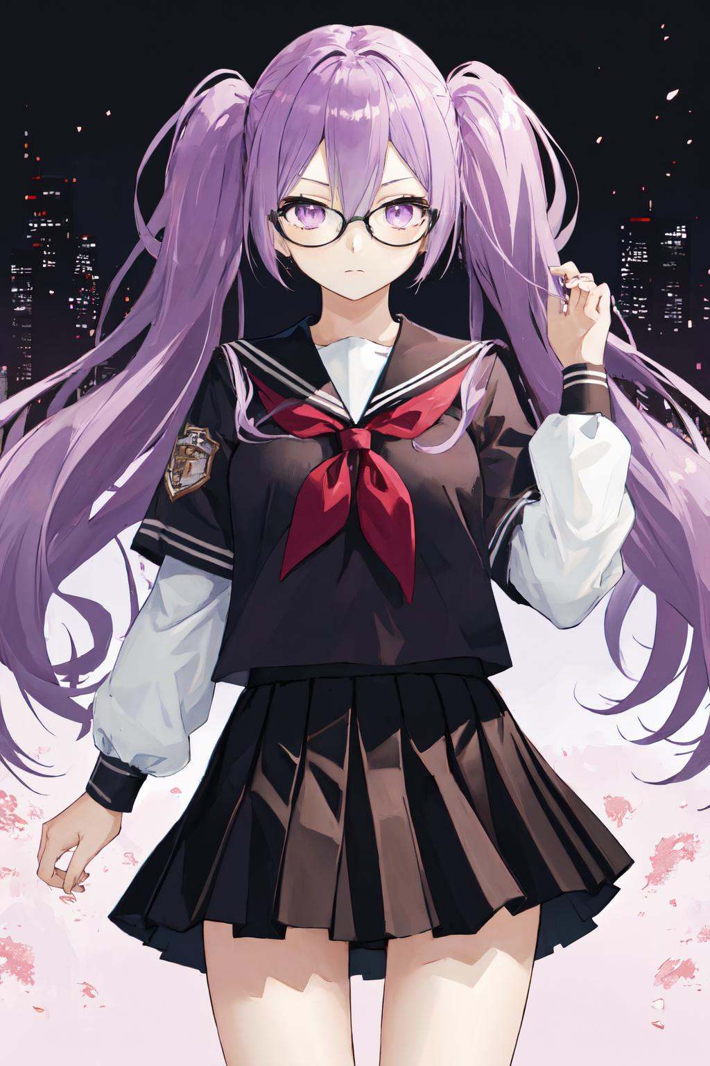 masterpiece, (detailed, highres, best quality), 1girl, <lora:spfgoSokaris:1> sokarisdef, purple hair, purple eyes, twintails, glasses, black shirt, black skirt, school uniform, serafuku, shirt, skirt, stuffed toy