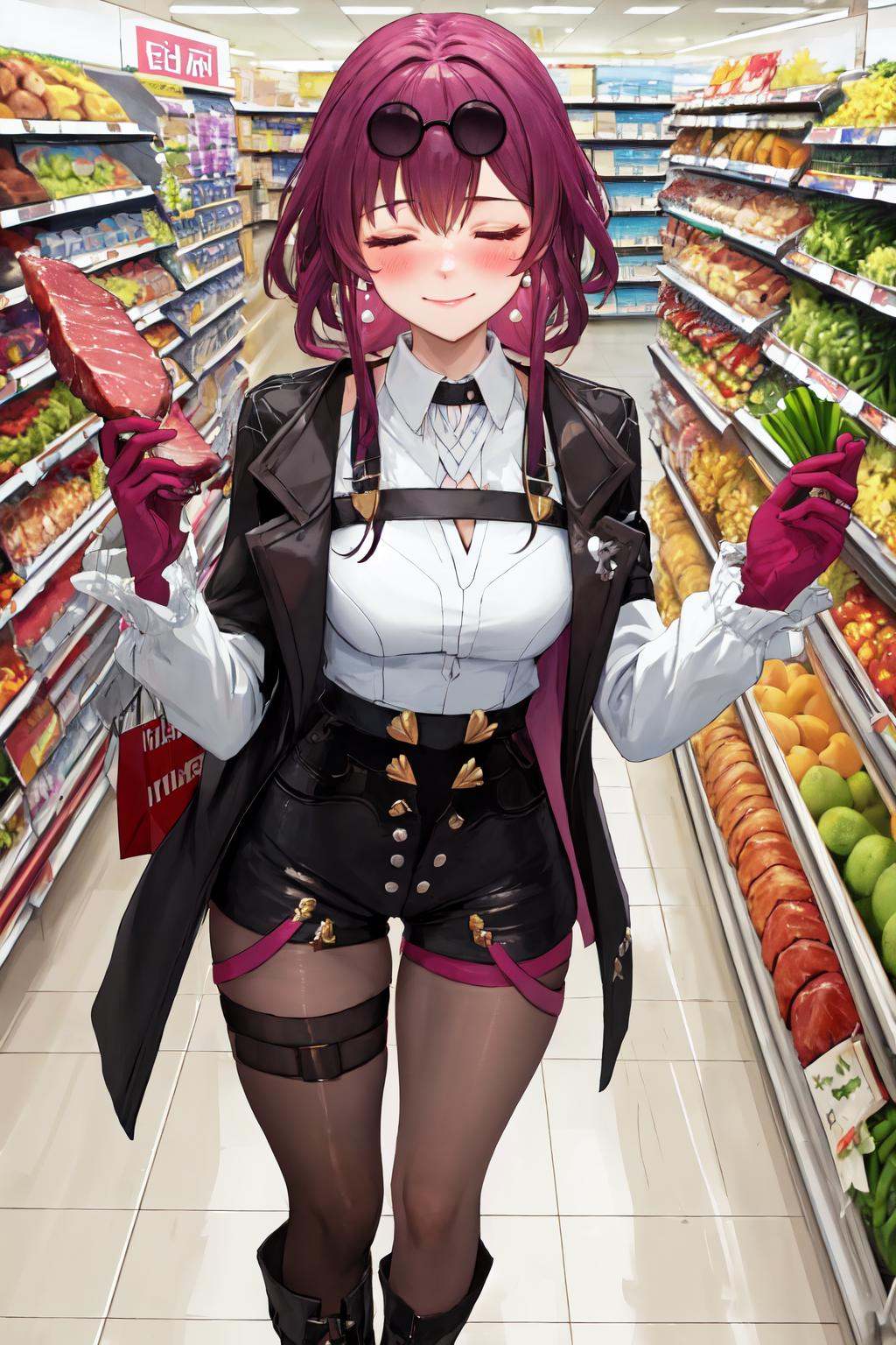 masterpiece, (detailed, highres, best quality), 1girl, <lora:sphsrKafker:1> kafkerdef, earrings, eyewear on head, sunglasses, white shirt, black jacket, long sleeves, purple gloves, shorts, pantyhose, thigh strap, black footwear, cabbage, cowboy shot, food, groceries, indoors, jirai kei, meat, shopping, shopping cart, spring onion, supermarket, blush, closed eyes, closed mouth, facing viewer, smile, solo