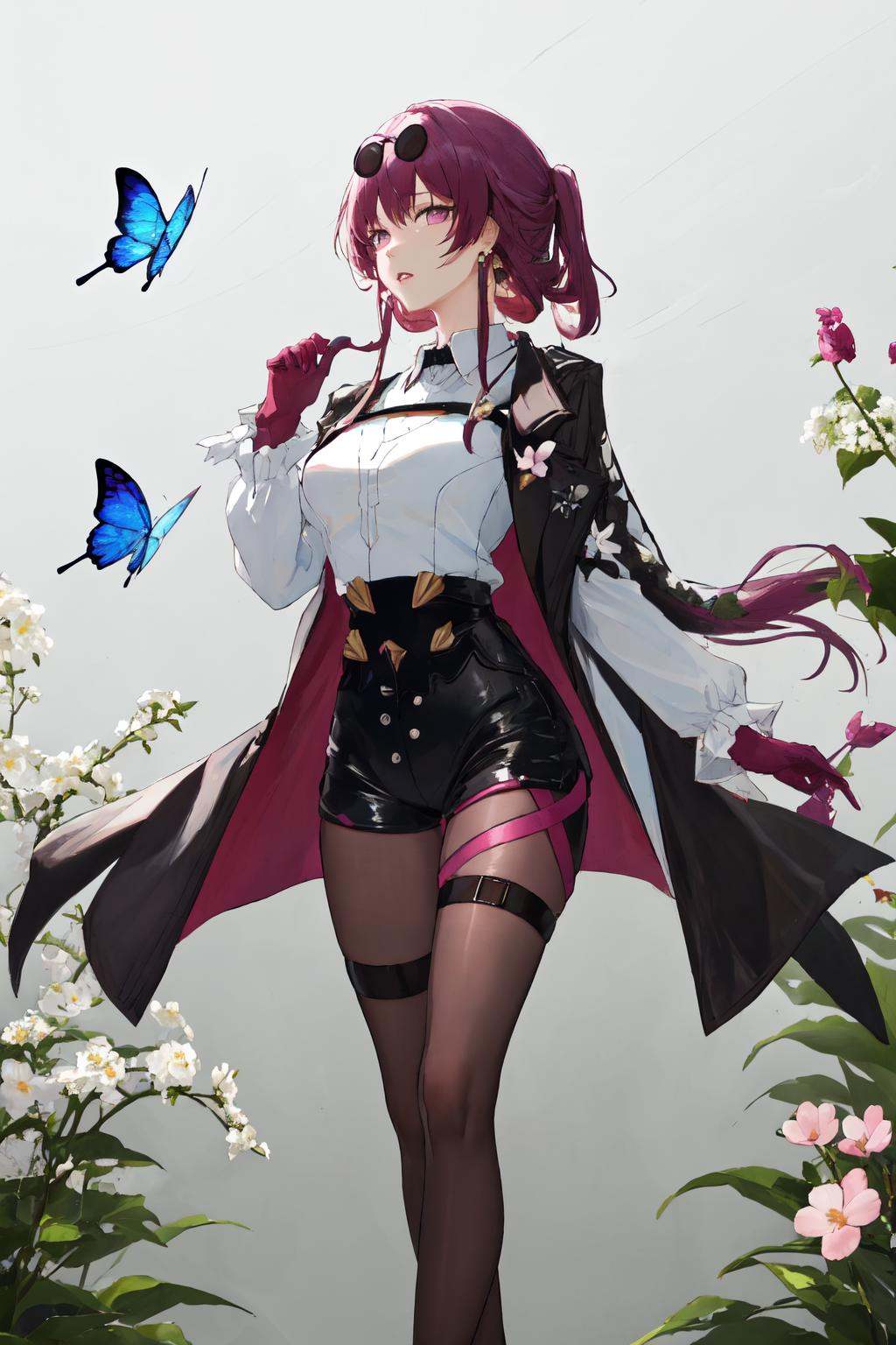 masterpiece, (detailed, highres, best quality), 1girl, <lora:sphsrKafker:1> kafkerdef, earrings, eyewear on head, sunglasses, white shirt, black jacket, long sleeves, purple gloves, shorts, pantyhose, thigh strap, black footwear, bug, butterfly, clover, feet out of frame, flower, four-leaf clover, grey background, sheep, simple background, white flower, hand up, looking at viewer, parted lips, solo, standing