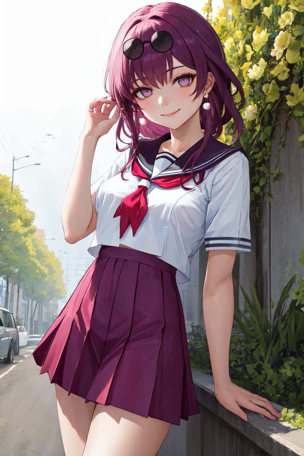 masterpiece, (detailed, highres, best quality), 1girl, <lora:sphsrKafker:1> kafkerdef, earrings, eyewear on head, sunglasses, blue neckerchief, blue skirt, neckerchief, sailor collar, school uniform, serafuku, shirt, short sleeves, skirt, white sailor collar, white shirt, blue flower, flower, red flower, white flower, adjusting scarf, arm at side, closed mouth, hand up, looking at viewer, smile, solo