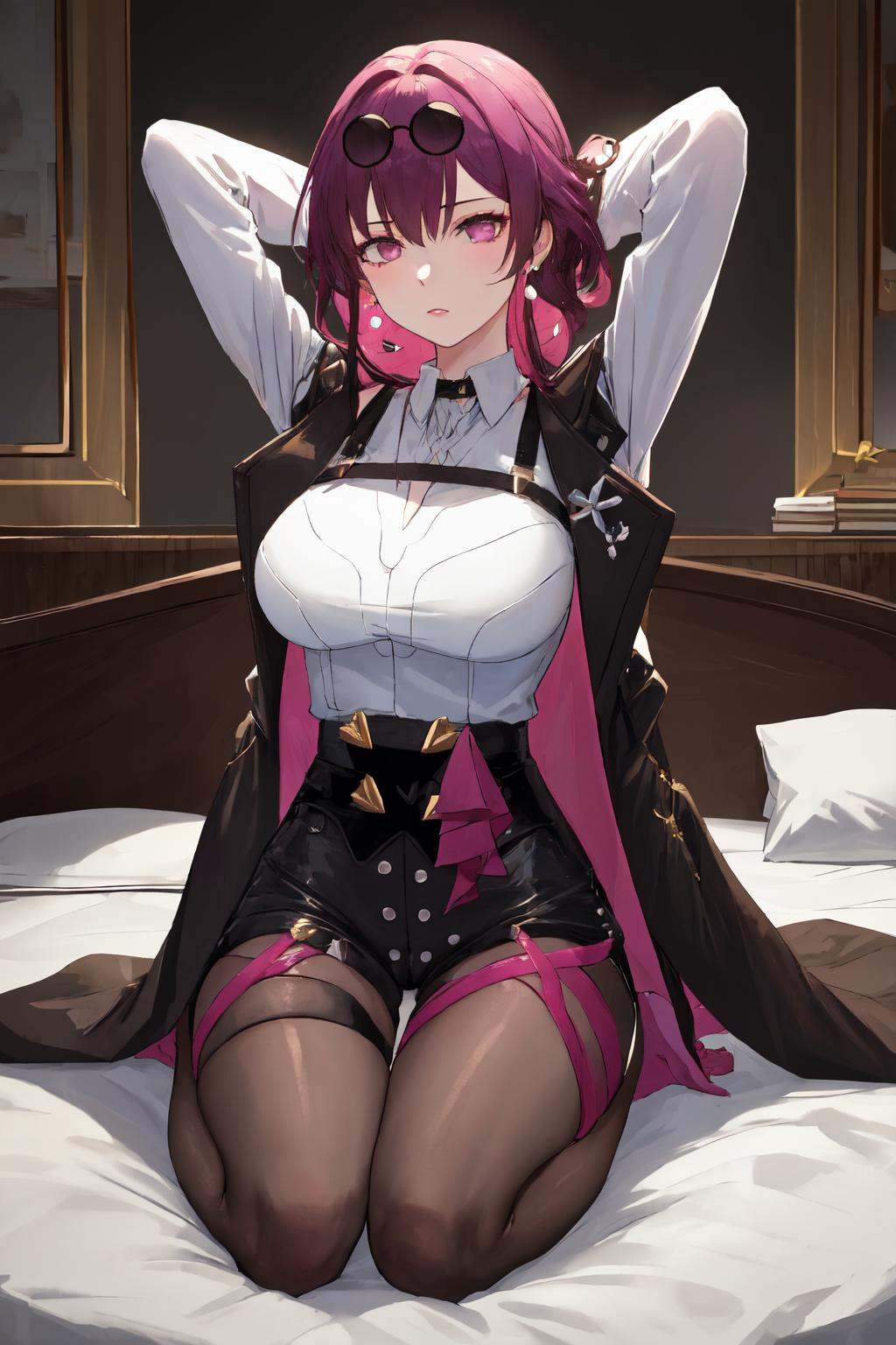 masterpiece, (detailed, highres, best quality), 1girl, <lora:sphsrKafker:1> kafkerdef, earrings, eyewear on head, sunglasses, white shirt, black jacket, long sleeves, purple gloves, shorts, pantyhose, thigh strap, seiza, arms behind head, bed