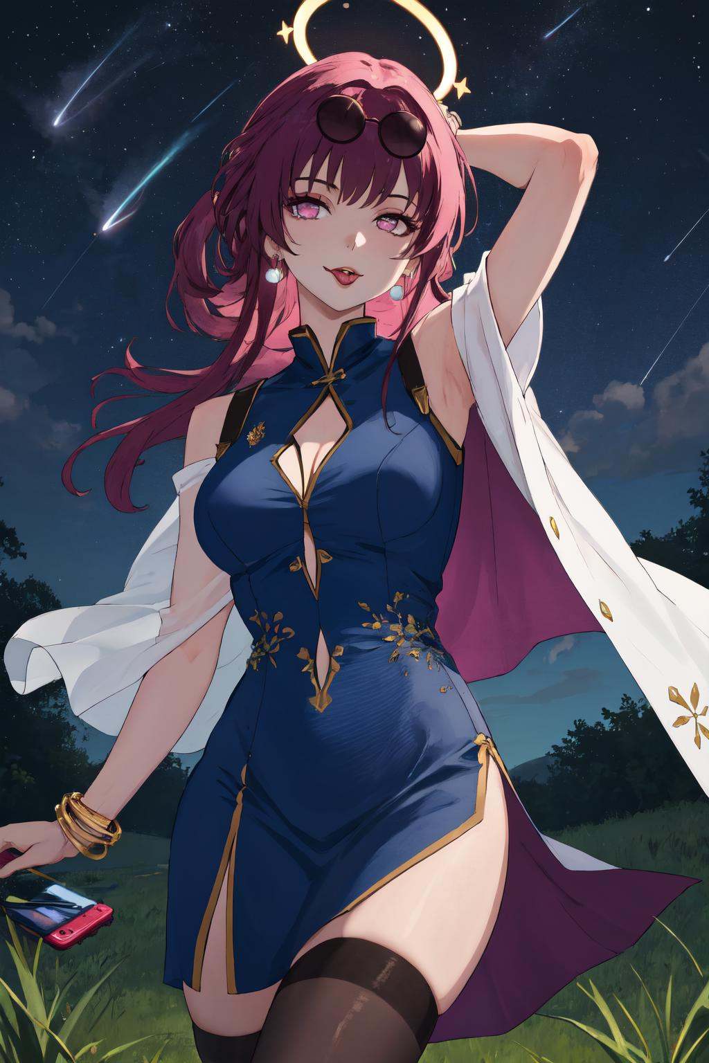 masterpiece, (detailed, highres, best quality), 1girl, <lora:sphsrKafker:1> kafkerdef, earrings, eyewear on head, sunglasses, blue dress, bracelet, chinese clothes, dress, earrings, jewelry, white legwear, grass, halo, instrument, letterboxed, moon, music, outdoors, shooting star, signature, star (sky), arm up, holding, holding phone, looking at viewer, solo, tongue, tongue out