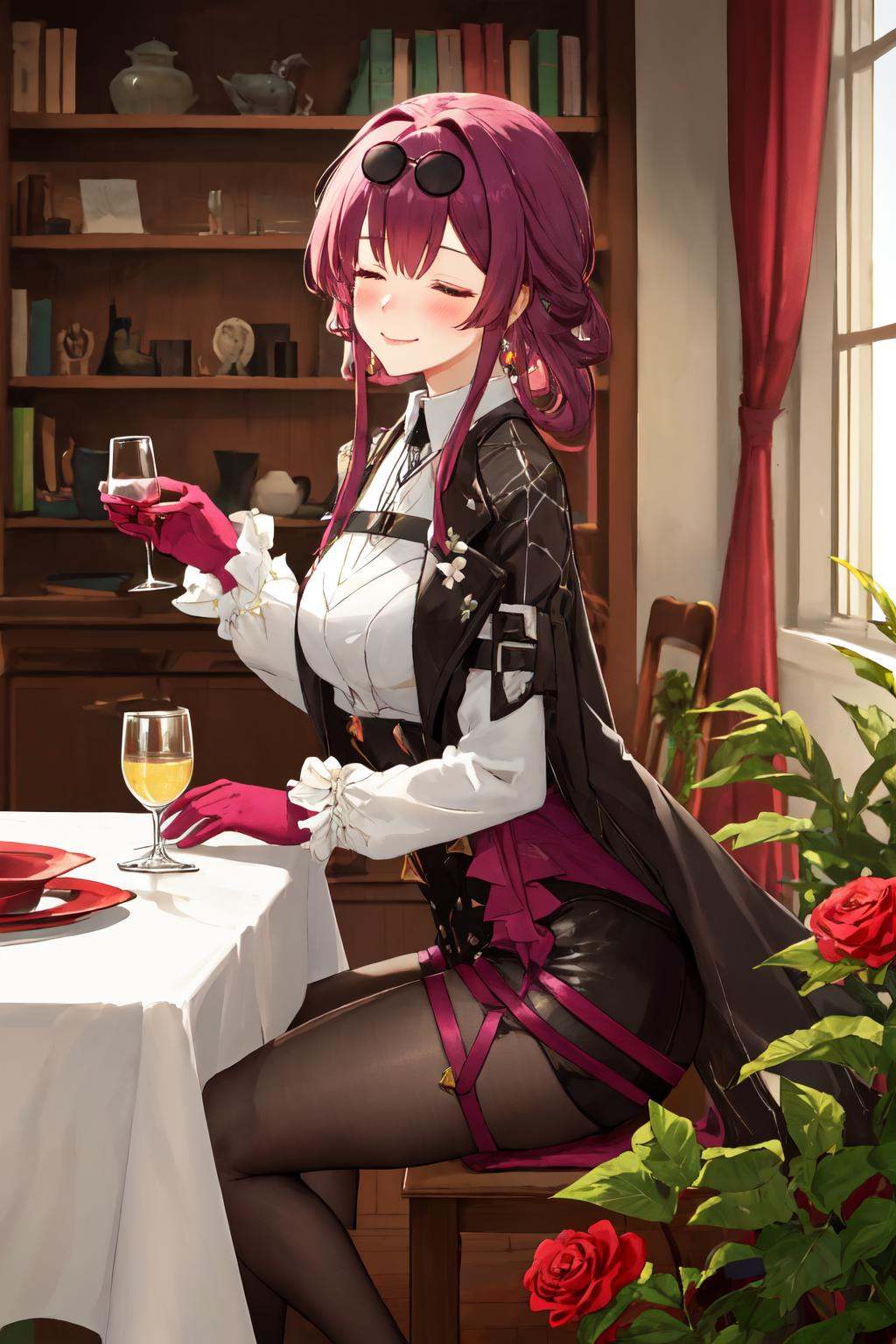 masterpiece, (detailed, highres, best quality), 1girl, <lora:sphsrKafker:1> kafkerdef, earrings, eyewear on head, sunglasses, white shirt, black jacket, long sleeves, purple gloves, shorts, pantyhose, thigh strap, black footwear, artist name, blurry, bookshelf, candle, candlestand, chain, champagne flute, cross, cup, curtains, drinking glass, flower, flying paper, from side, leaf, paper, personification, plant, red flower, rose, table, tablecloth, white flower, window. ;p, blush, closed mouth, hand up, holding, holding watering can, leaning forward, looking at viewer, looking to the side, one eye closed, sitting, smile