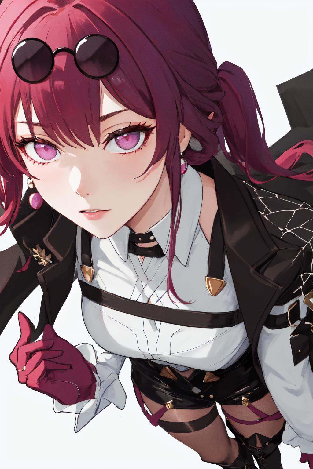 masterpiece, (detailed, highres, best quality), 1girl, face focus, close-up, <lora:sphsrKafker-09:1> kafkerdef, earrings, eyewear on head, sunglasses, white shirt, black jacket, long sleeves, purple gloves, shorts, pantyhose, thigh strap, black footwear