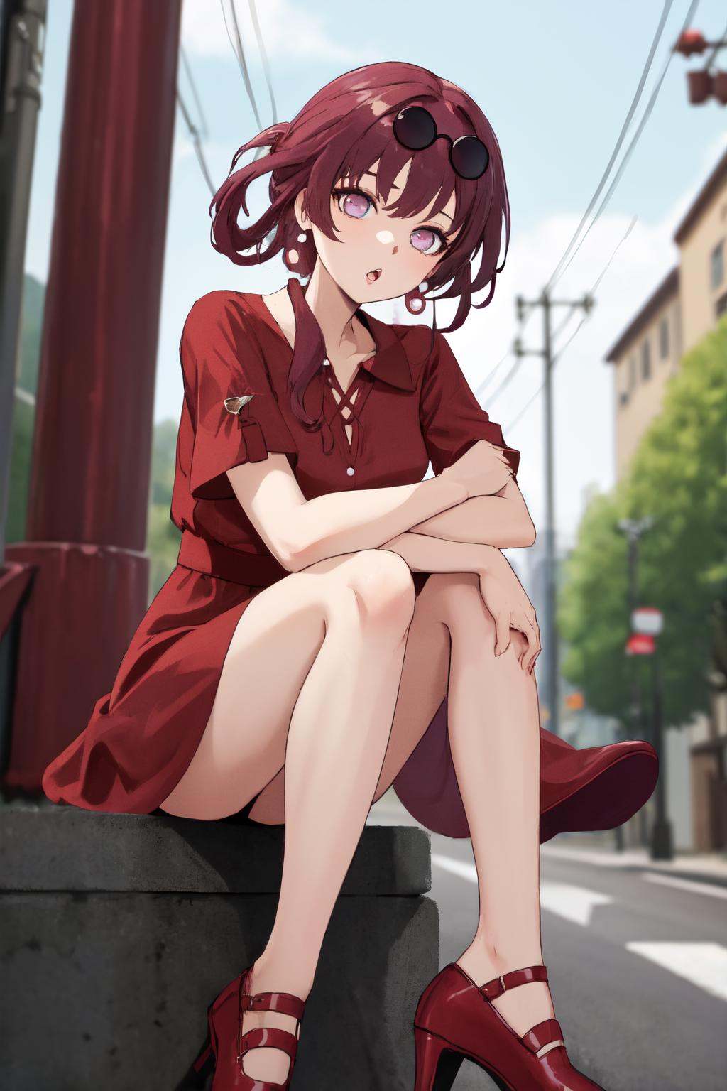 masterpiece, (detailed, highres, best quality), 1girl, <lora:sphsrKafker:1> kafkerdef, earrings, eyewear on head, sunglasses, dress, red dress, red footwear, short sleeves, blurry, blurry background, outdoors, road, utility pole, :o, knees up, looking at viewer, parted lips, sitting, solo