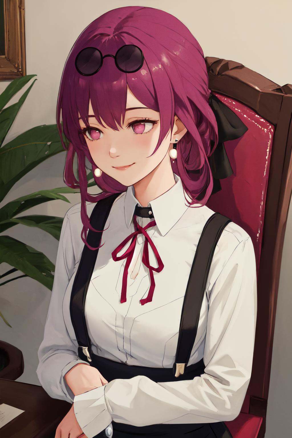 masterpiece, (detailed, highres, best quality), 1girl, <lora:sphsrKafker:1> kafkerdef, earrings, eyewear on head, sunglasses, bow, hat, neck ribbon, ribbon, skirt, suspender skirt, suspenders, stuffed animal, stuffed toy, teddy bear, upper body, closed mouth, light smile, looking away, on chair, solo