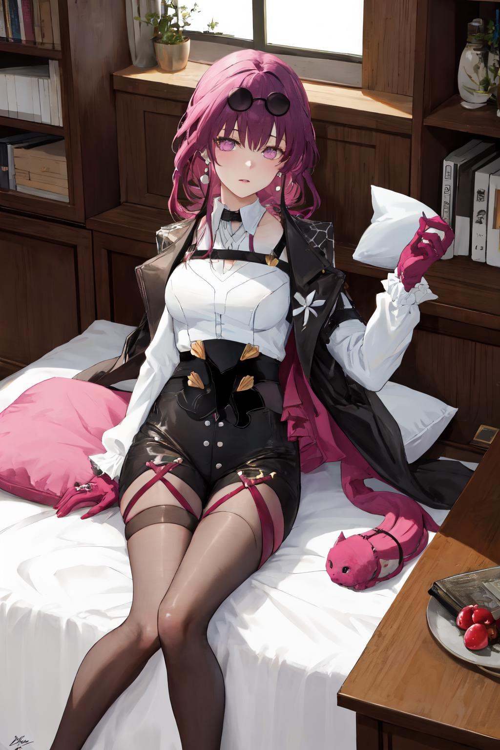 masterpiece, (detailed, highres, best quality), 1girl, <lora:sphsrKafker:1> kafkerdef, earrings, eyewear on head, sunglasses, white shirt, black jacket, long sleeves, purple gloves, shorts, pantyhose, thigh strap, black footwear, bird, cat, indoors, magazine (object), pillow, shelf, signature, window, crossed ankles, looking at viewer, lying, on stomach, solo