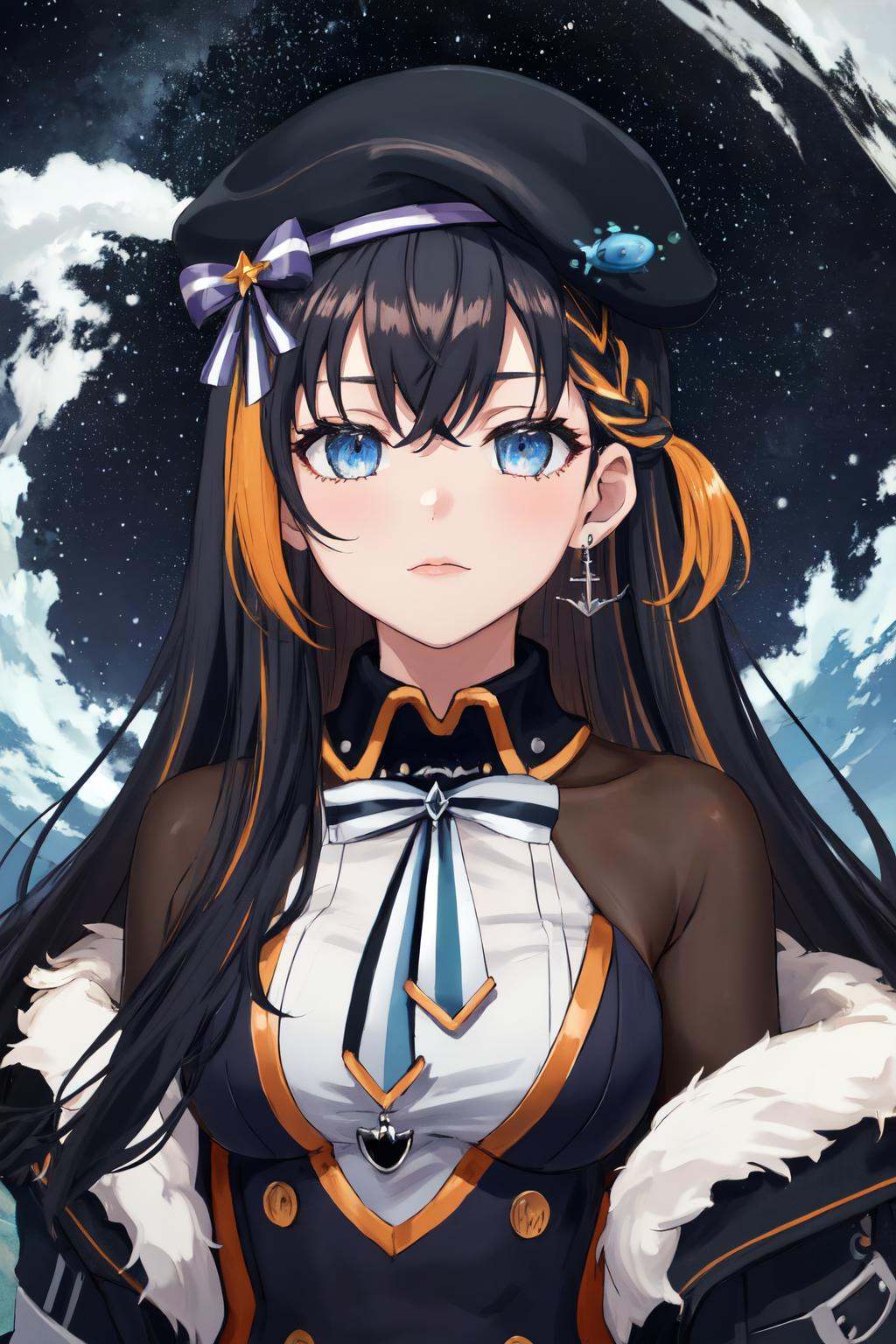 masterpiece, (detailed, highres, best quality), 1girl, <lora:sppetraGurin-10:1> gurin2st, single earring, beret, black headwear, fingerless gloves, collared dress, two-tone bowtie, buttons, black coat, fur trim, bodystocking, black pantyhose, Front view, cloud, earth (planet), night, night sky, planet, signature, sky, star (sky), starry sky