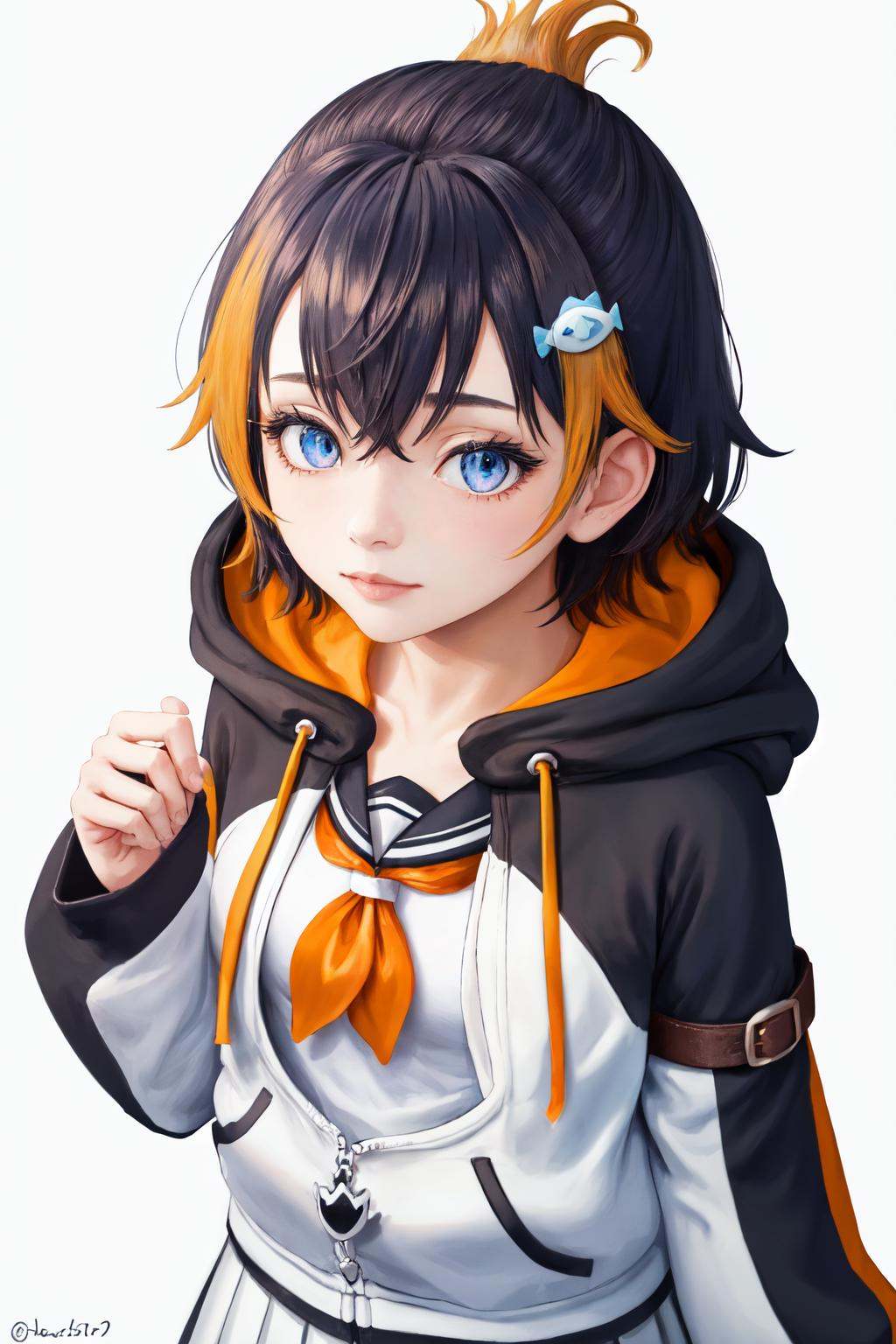 masterpiece, (detailed, highres, best quality), 1girl, <lora:sppetraGurin-10:1> gurin1st, fish hair ornament, hoodie, white hoodie, penguin hood, sleeves past fingers, sailor collar, white skirt, tail,  From above, heart, twitter username, upper body, white background