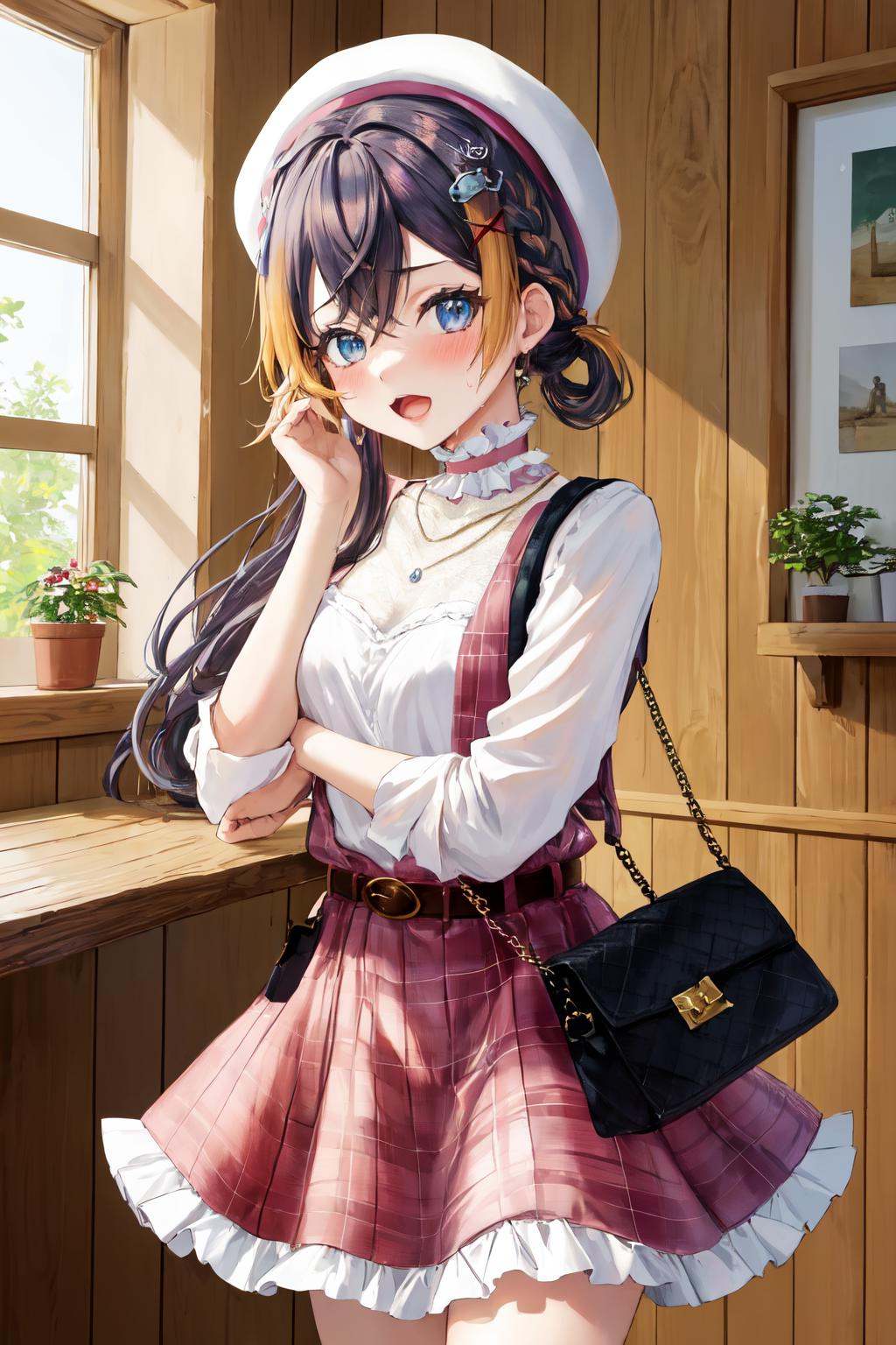 masterpiece, (detailed, highres, best quality), 1girl, <lora:sppetraGurin-10:1> gurin3st, x hair ornament, fish hair ornament, choker, necklace, white beret, plaid dress, white shirt, frills, plaid skirt, sweater, pink bow, belt, handbag, Front view, banknote, cat, cowboy shot, indoors, jirai kei, keychain, money, table, wallet, wooden table, wooden wall, blush, hand on own cheek, hand on own face, looking at viewer, open mouth, solo, sweat