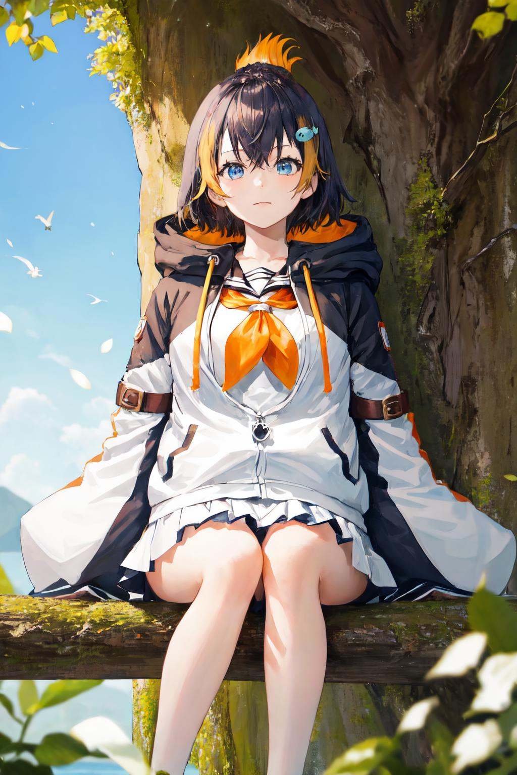 masterpiece, (detailed, highres, best quality), 1girl, <lora:sppetraGurin-10:1> gurin1st, fish hair ornament, hoodie, white hoodie, penguin hood, sleeves past fingers, sailor collar, white skirt, tail,  Front view, bird, blue sky, blurry, blurry foreground, clear sky, day, feet out of frame, leaf, light particles, outdoors, sky, sunlight, swing